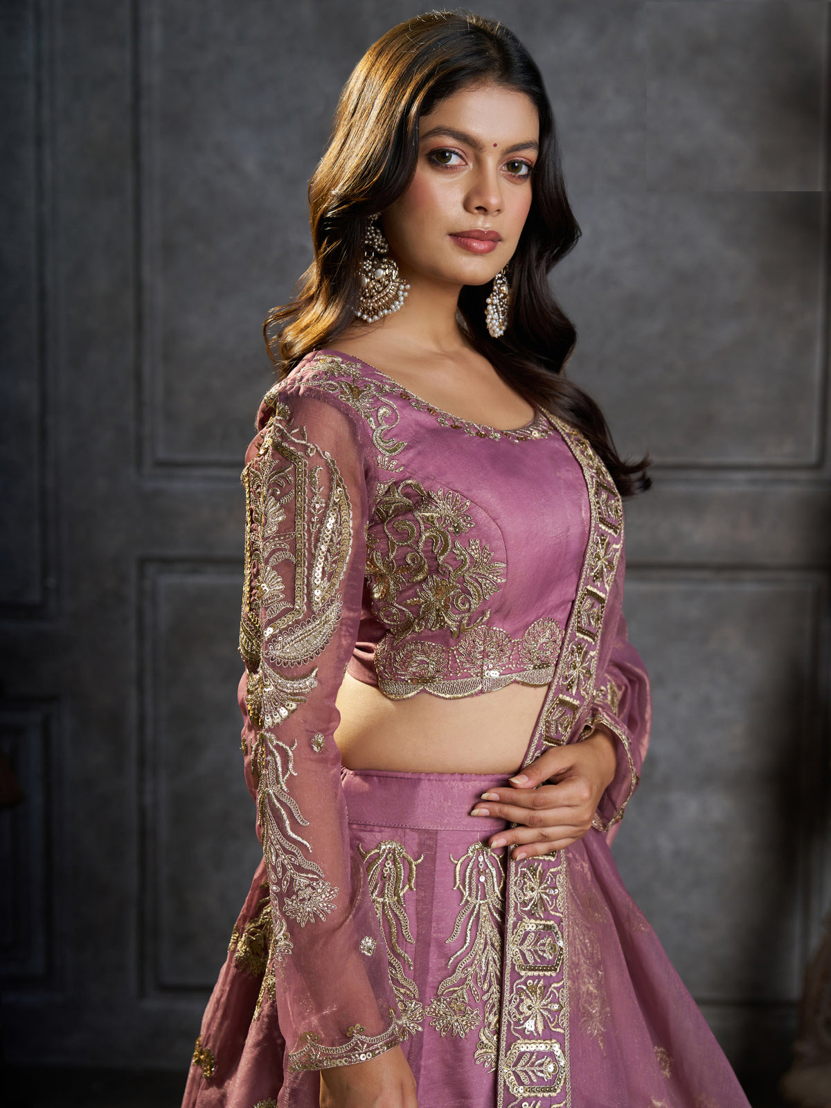 Stylish Mauve Embroidered Organza Reception Wear Lehenga Choli