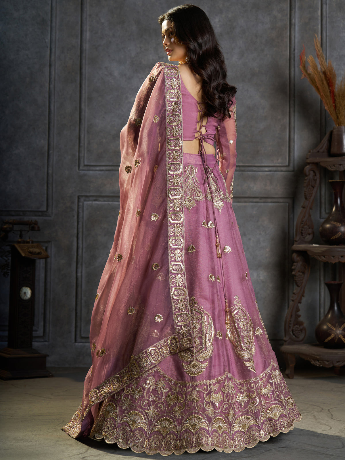 Stylish Mauve Embroidered Organza Reception Wear Lehenga Choli