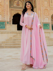 Lovely Pink Embroidered Georgette Festival Wear Gown With Dupatta