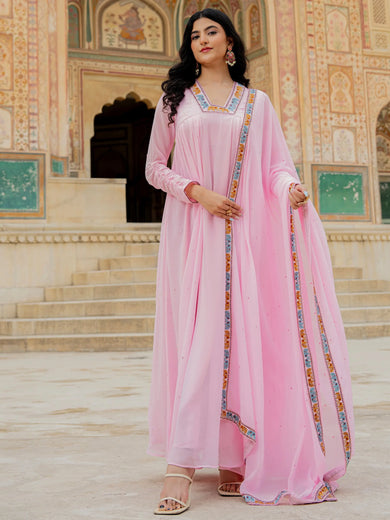 Lovely Pink Embroidered Georgette Festival Wear Gown With Dupatta
