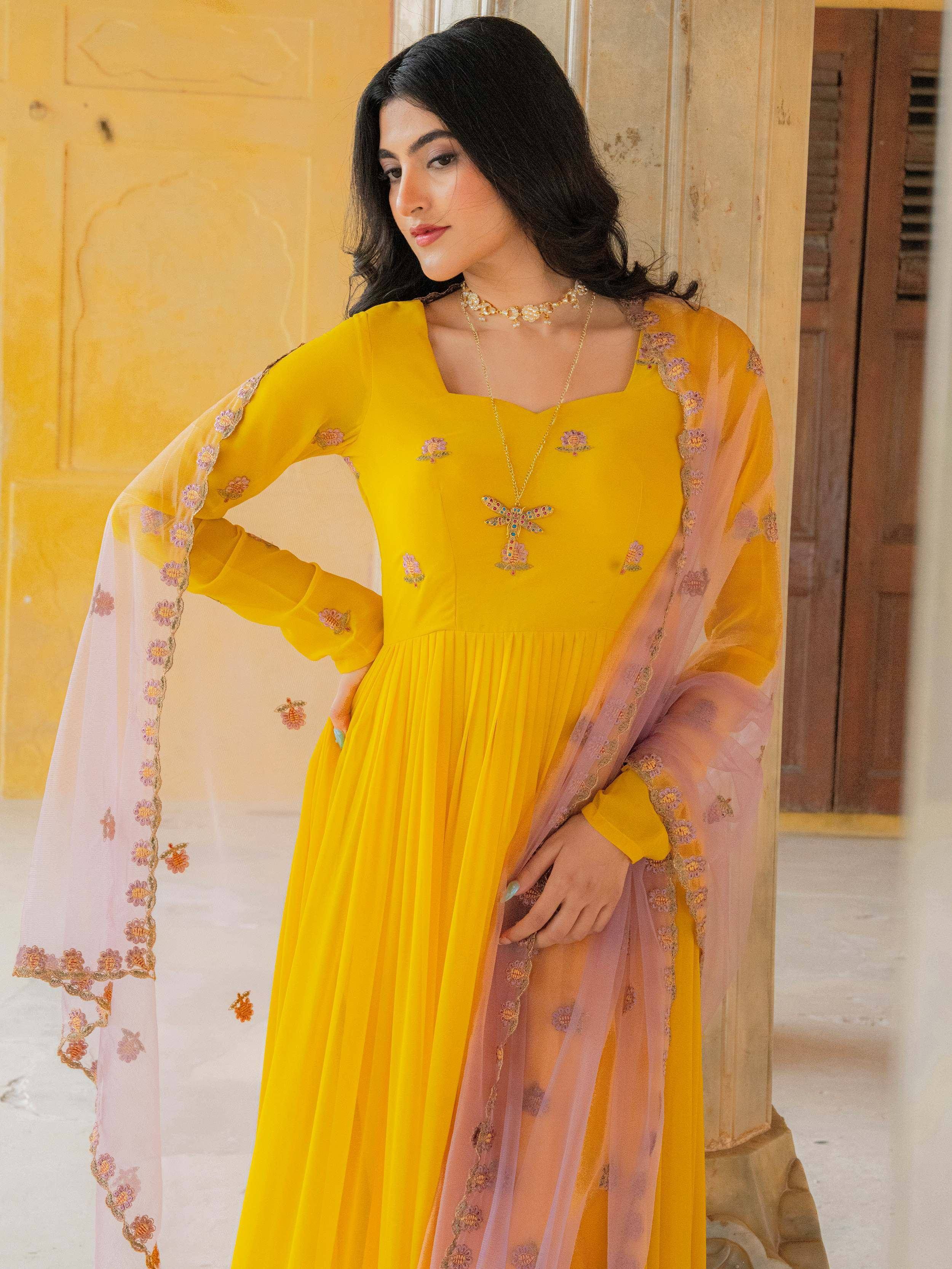 Yellow embroidered anarkali suit with floral dupatta, Indian ethnic wear for women