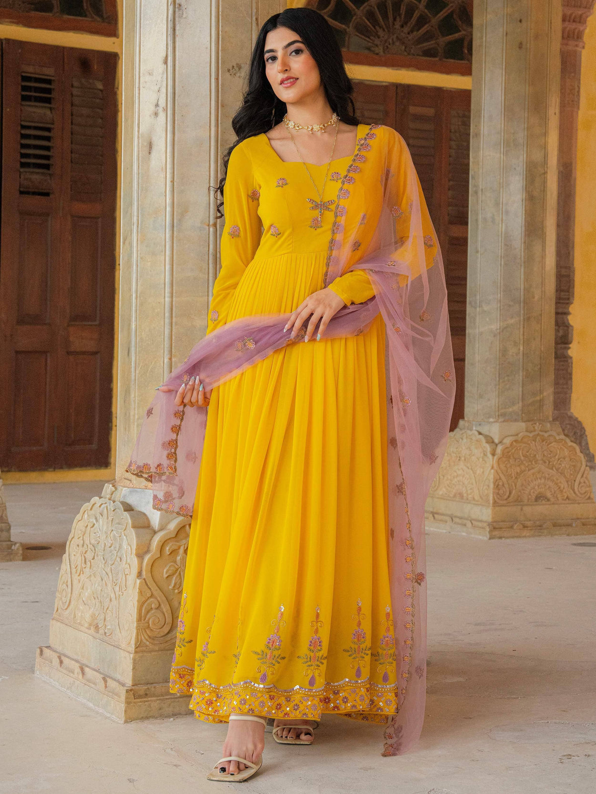 Yellow embroidered anarkali suit with pink dupatta, ethnic Indian wear for women