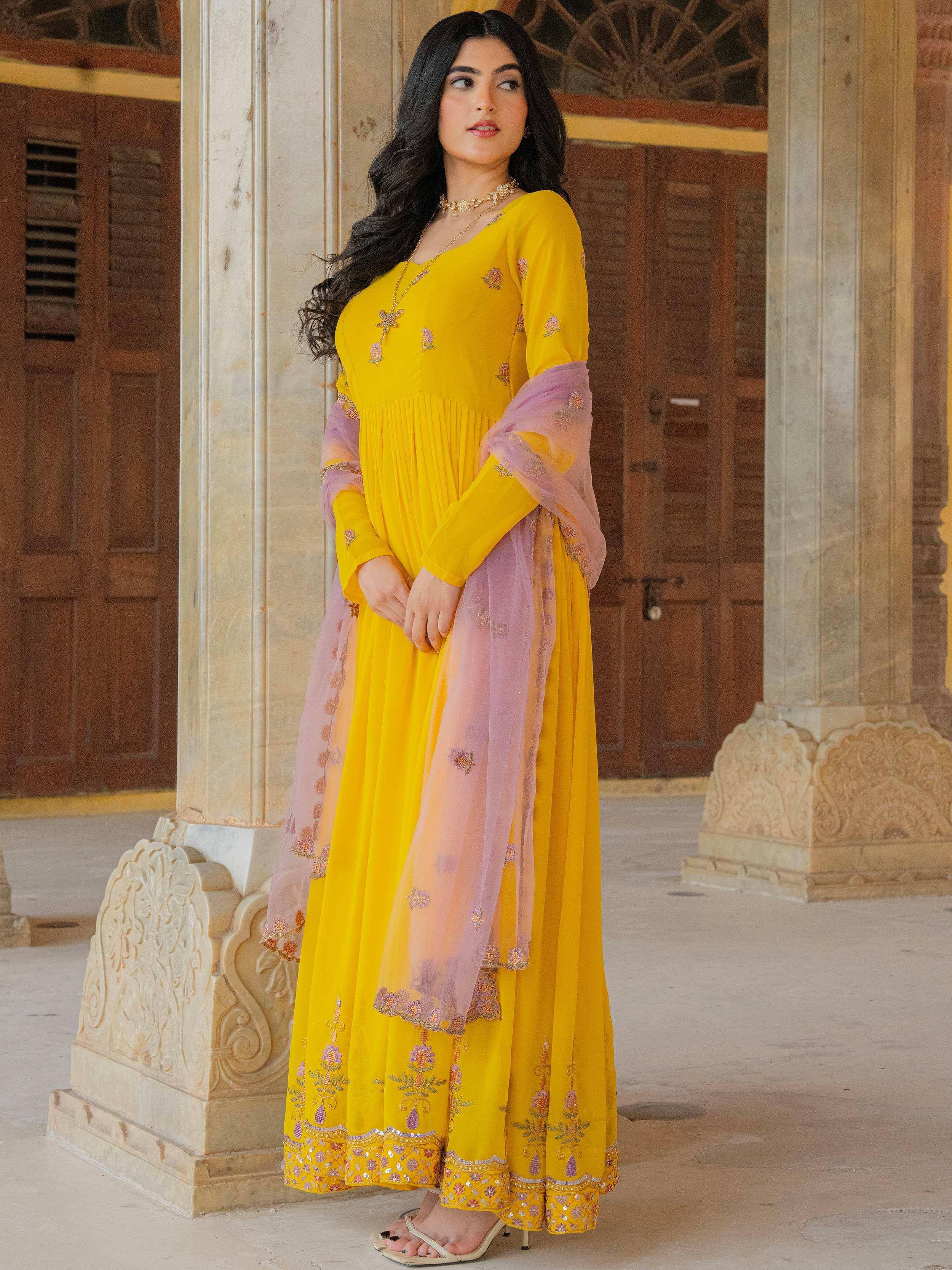 Yellow embroidered anarkali with pink dupatta, Indian ethnic wear for women
