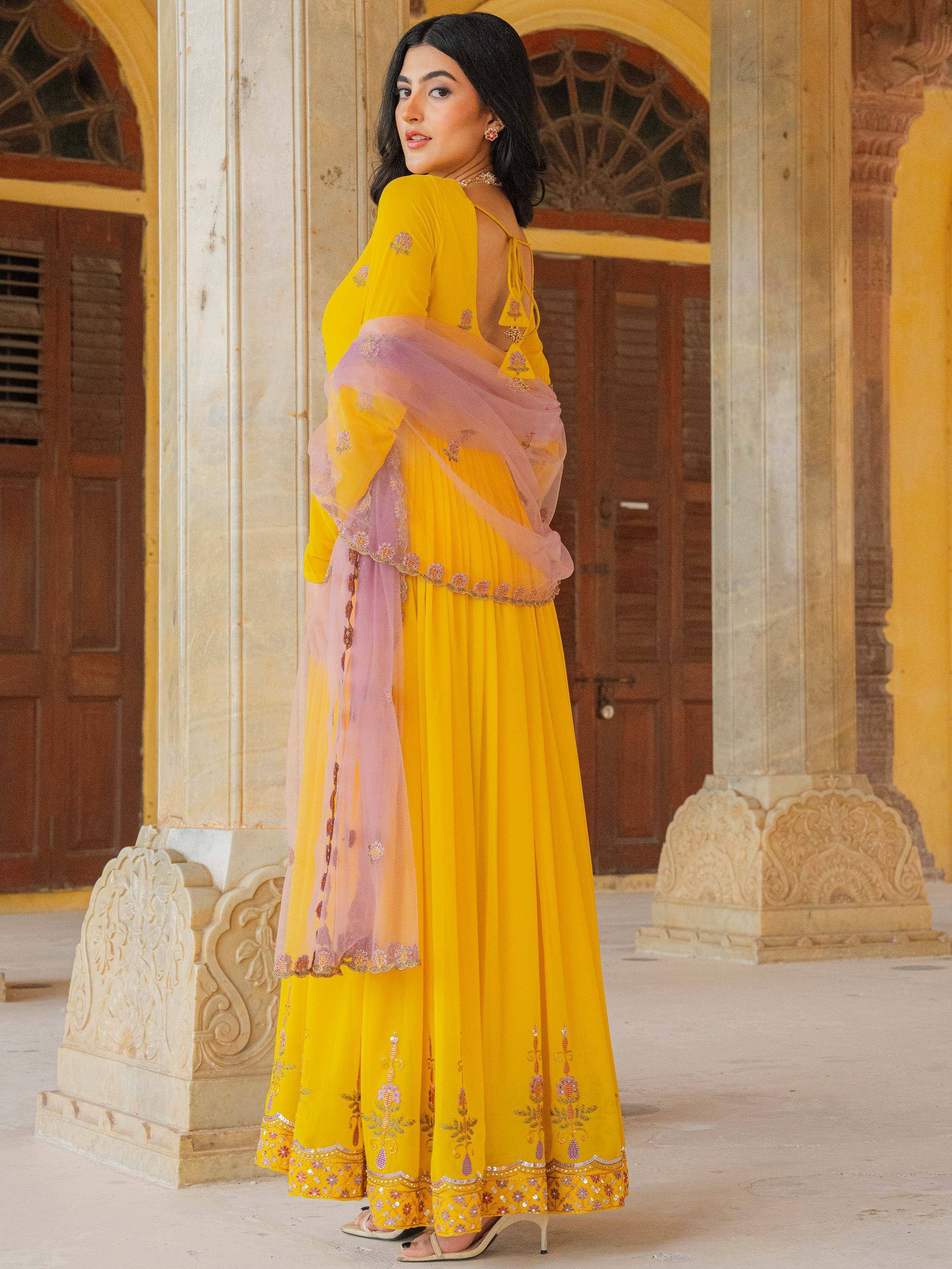 Yellow embroidered sharara suit with pink dupatta, ethnic Indian wear for women
