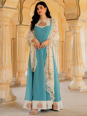 Beautiful Blue Embroidered Georgette Festive Wear Gown With Dupatta