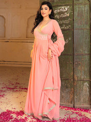 Impressive Peach Sequins Georgette Function Wear Gown With Dupatta