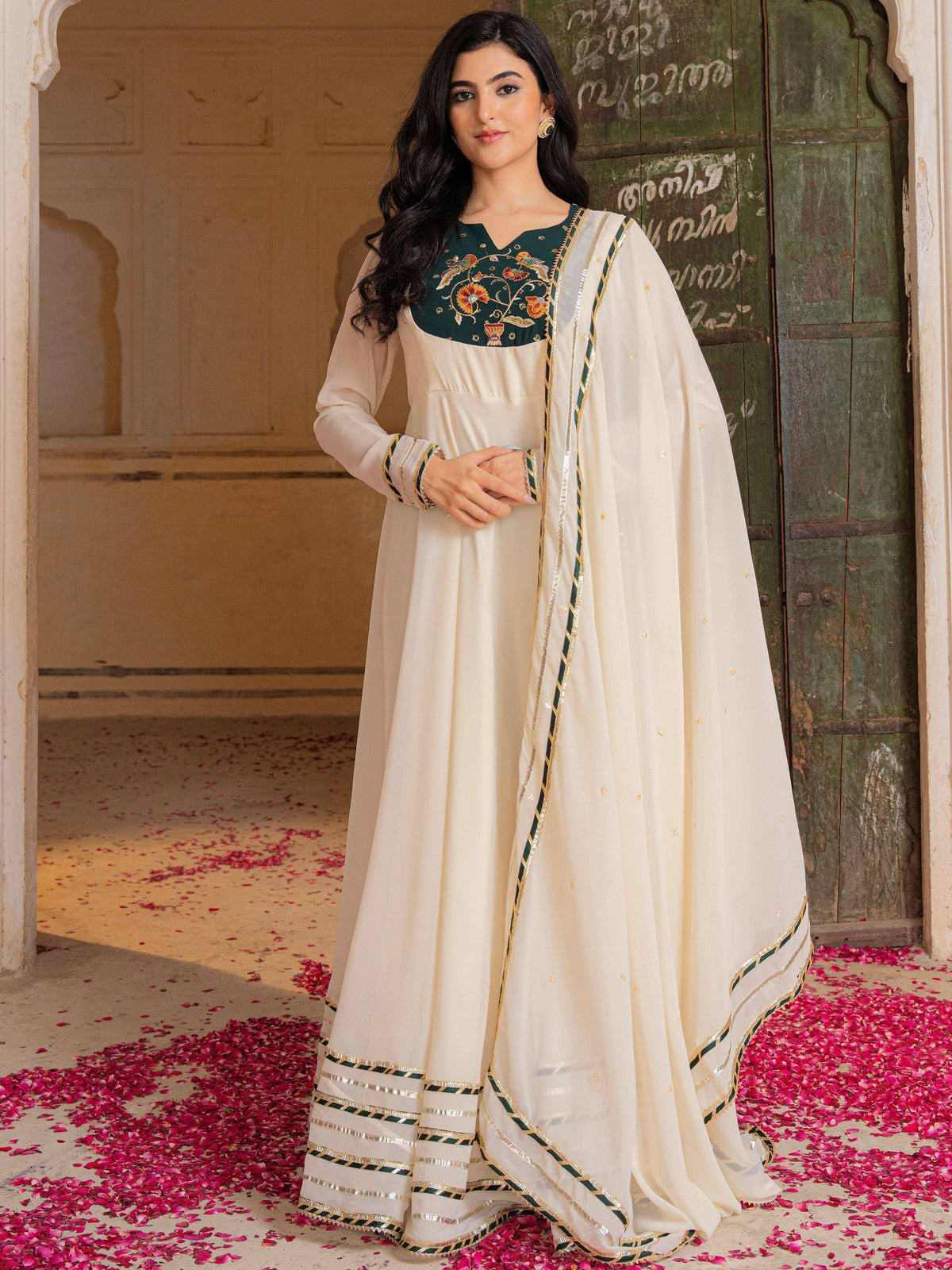Cream and green embroidered Anarkali suit with dupatta, floral detailing, perfect for Indian ethnic occasions