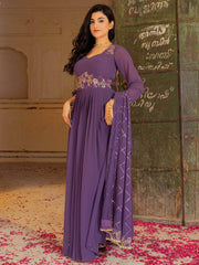 Wonderful Purple Embroidered Georgette Festival Wear Gown With Dupatta