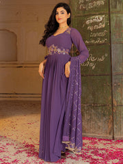 Wonderful Purple Embroidered Georgette Festival Wear Gown With Dupatta