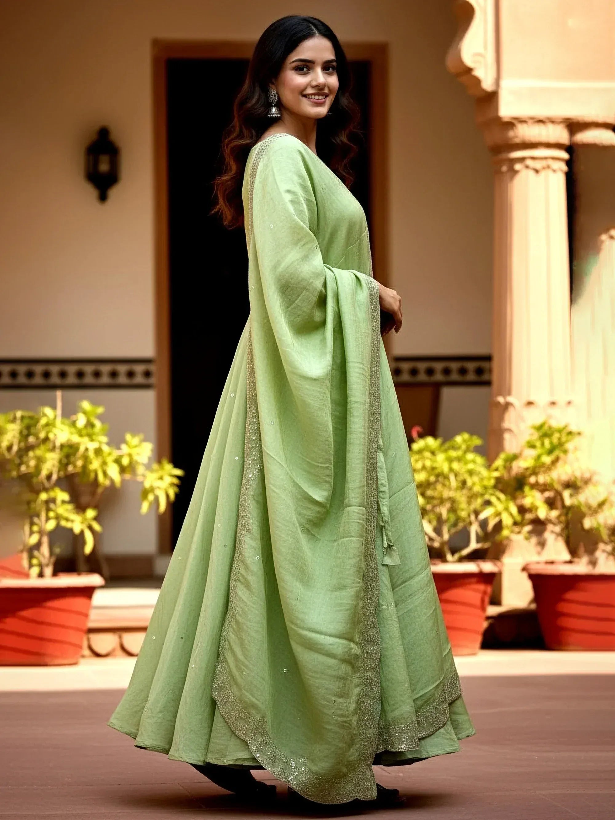 Amazing Green Sequin Embroidered Silk Festive Wear Gown With Dupatta
