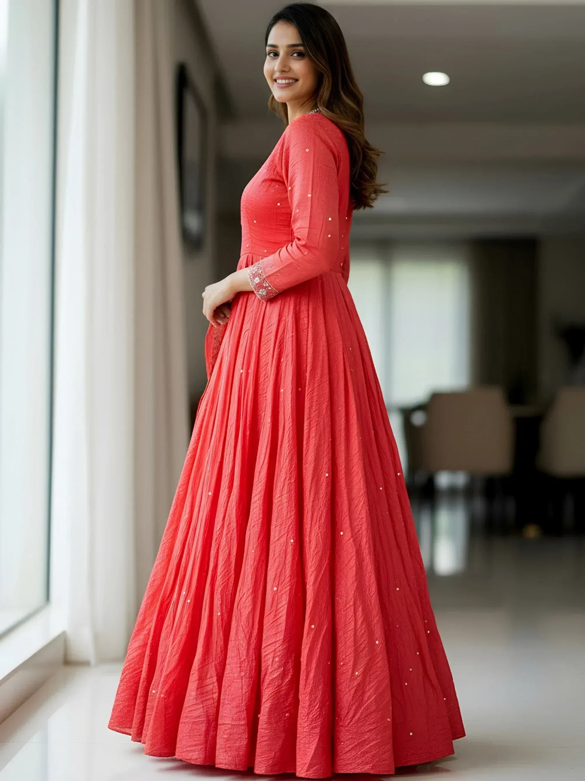 Alluring Red Zari Work Silk Festive Wear Gown With Dupatta