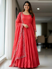 Alluring Red Zari Work Silk Festive Wear Gown With Dupatta