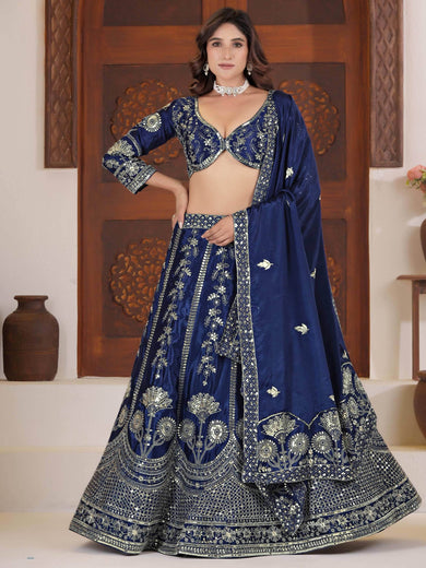 Precious Blue Sequins Chinon Engagement Wear Lehenga Choli With Dupatta