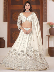 Charming White Thread Embroidered Chinon Wedding Lehenga Choli With Dupatta