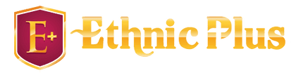 Ethnic Plus logo with gold text and maroon shield design