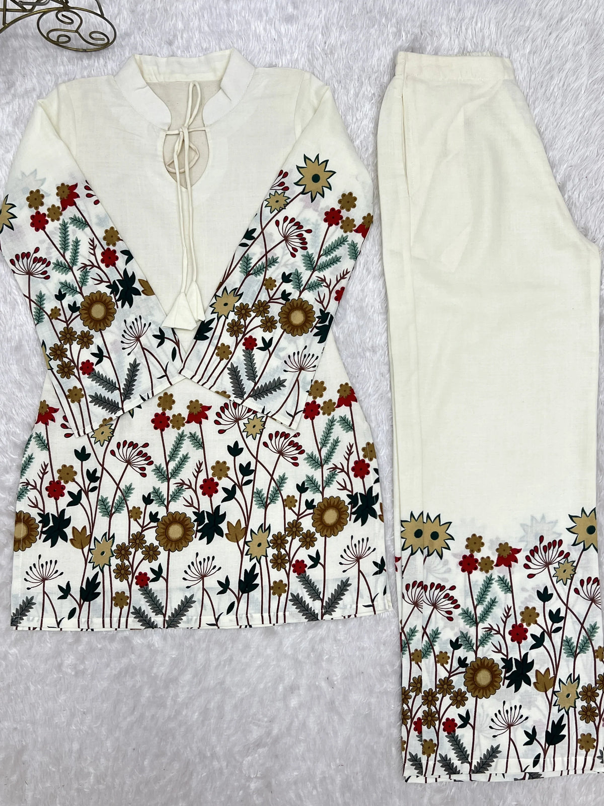 Precious Cream Floral Printed Cotton Festive Wear Pant Suit