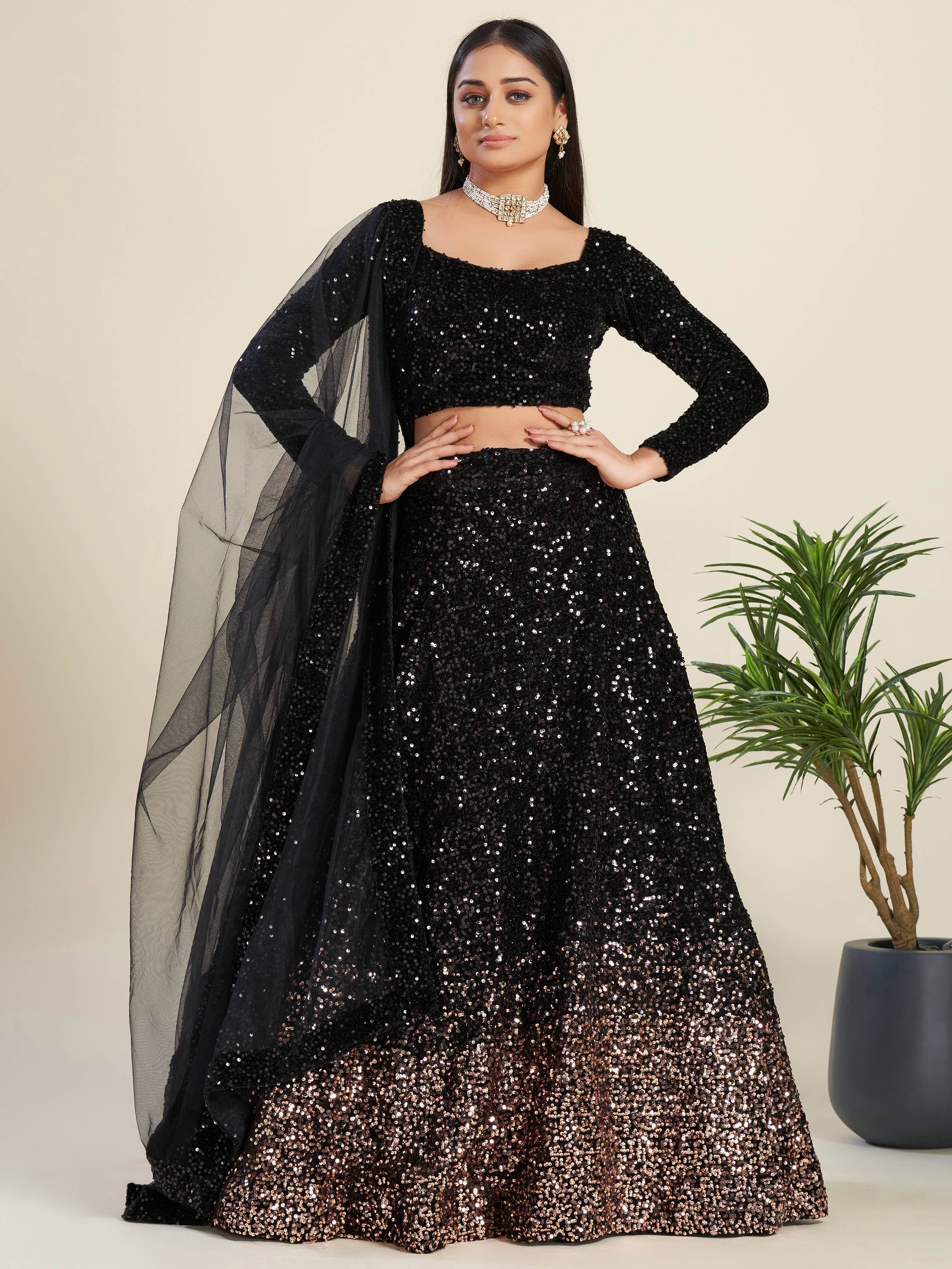 Glamorous Black Sequin Work Velvet Wedding Lehenga Choli