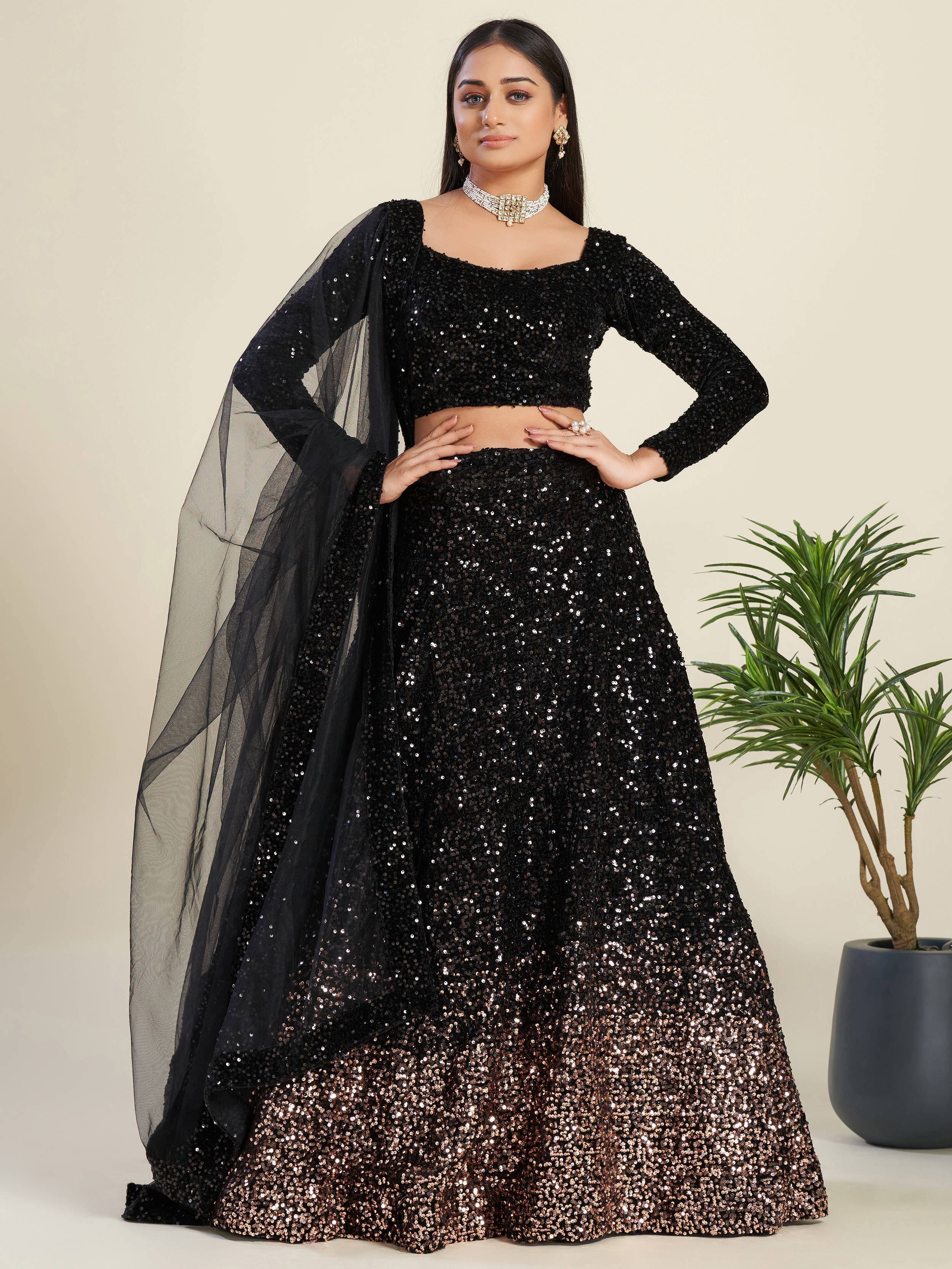 Glamorous Black Sequin Work Velvet Wedding Lehenga Choli