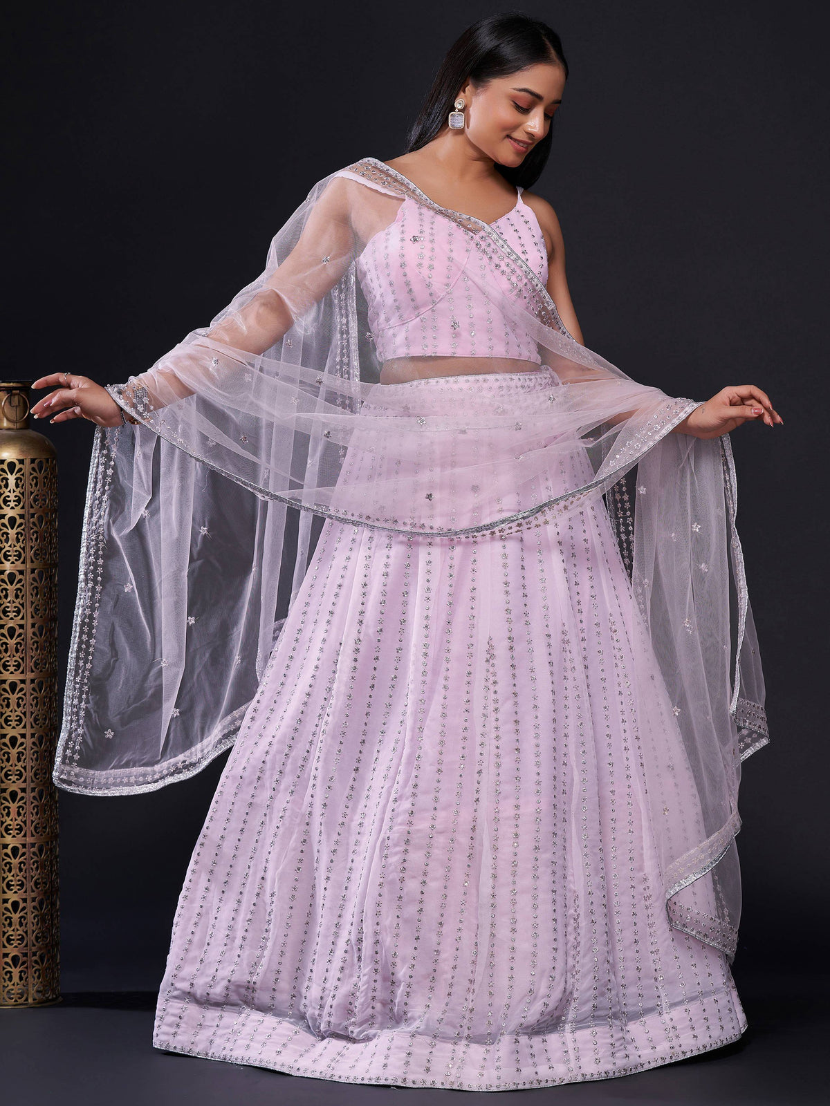 Elegant pink embroidered lehenga choli with sheer dupatta for Indian ethnic wear