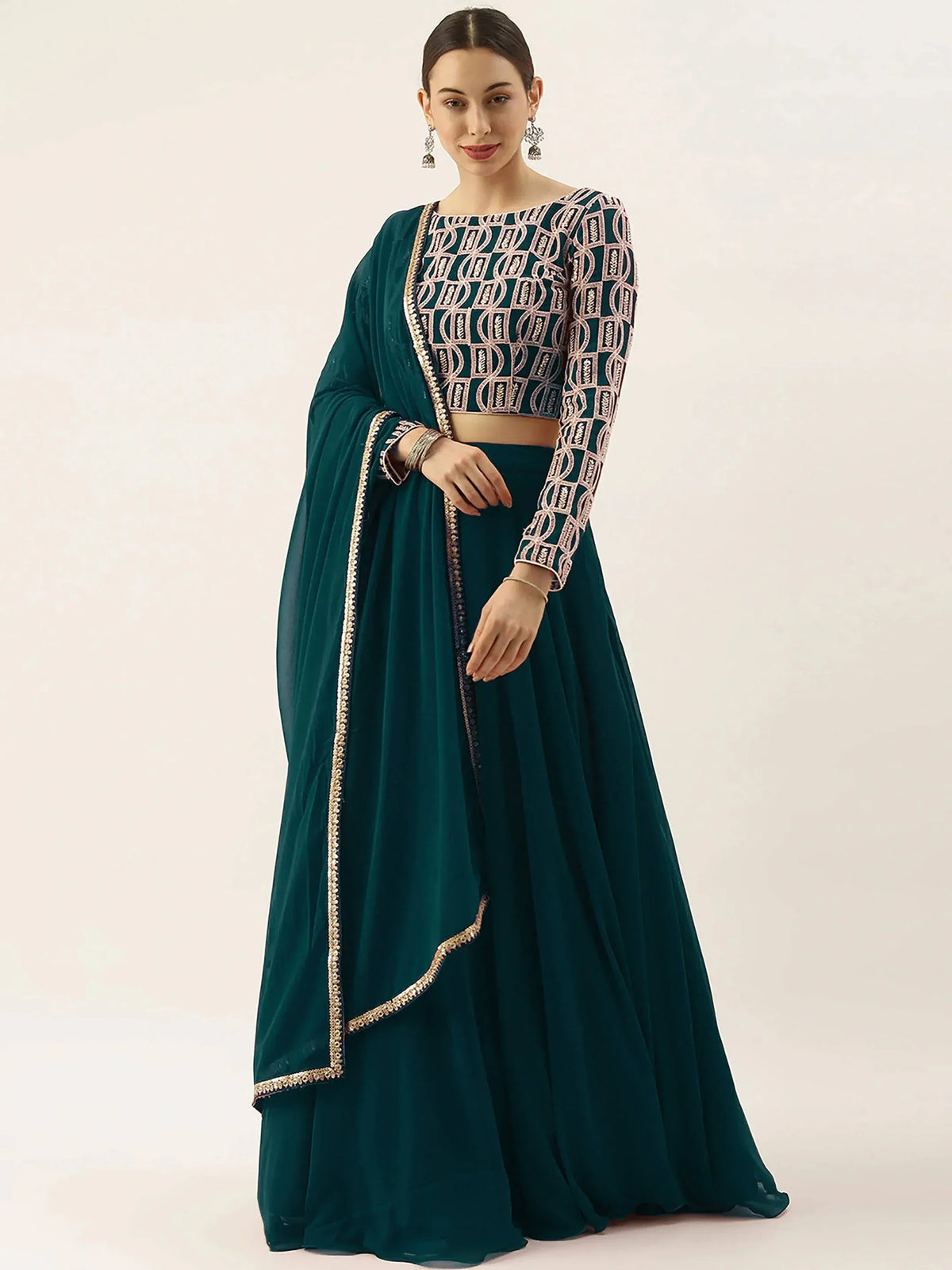 Emerald green designer lehenga choli with gold embroidery and dupatta, Indian ethnic wear