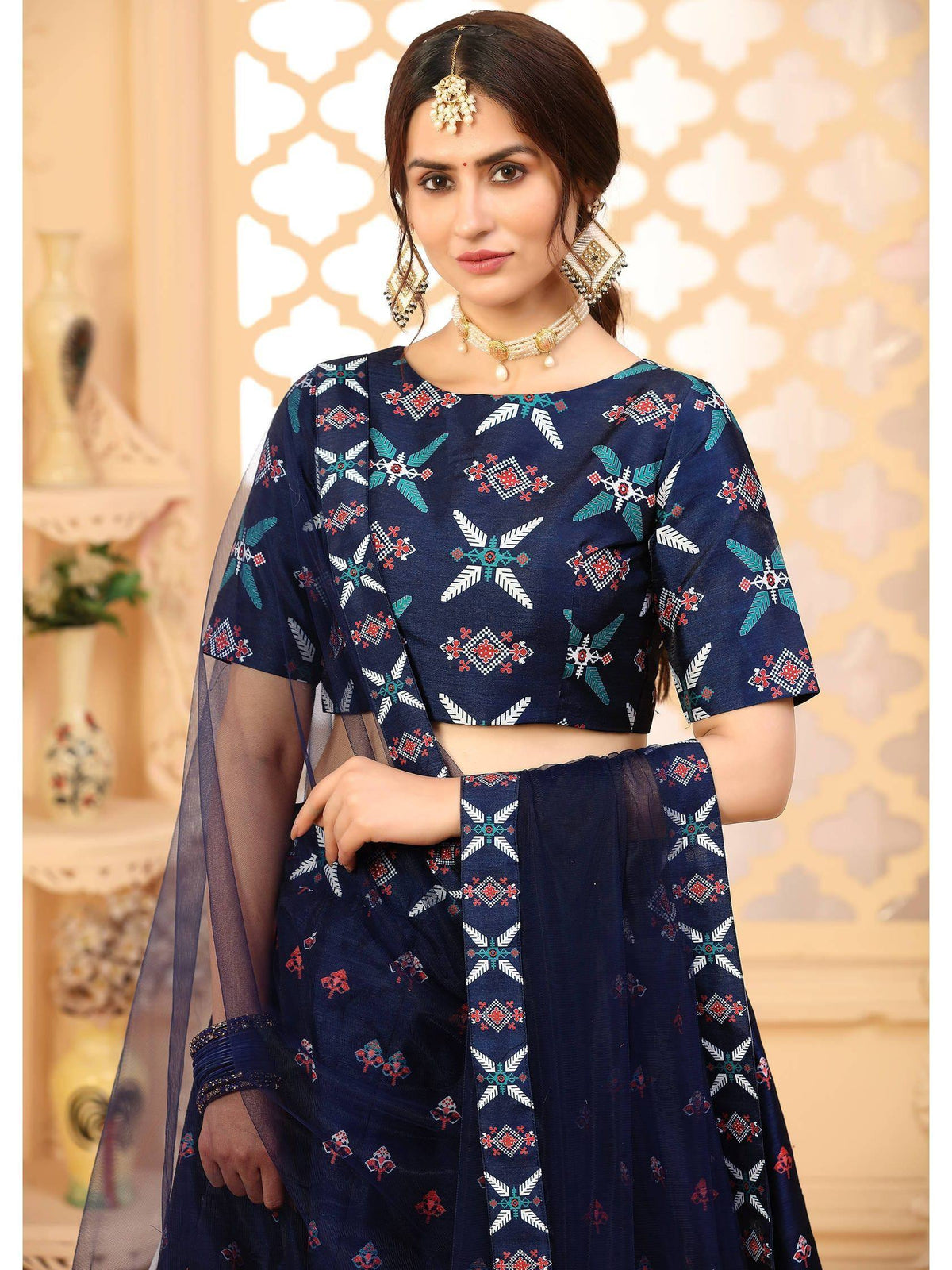 Navy blue printed lehenga choli with geometric embroidery, perfect for Indian ethnic wear occasions