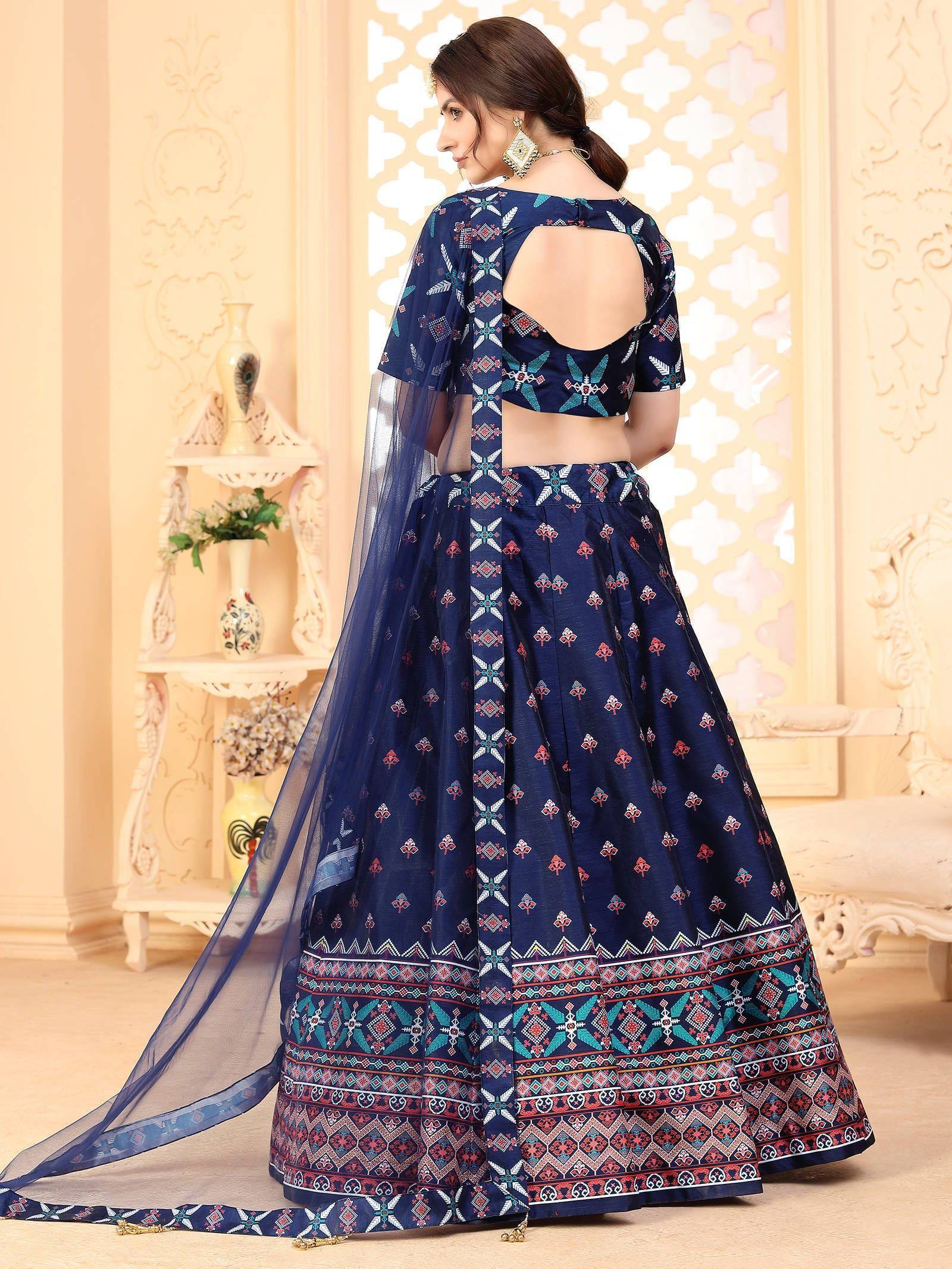 Navy blue printed lehenga choli with back cutout and sheer dupatta, ethnic Indian wear