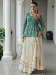 Lavishing Green Bandhani Print Navratri Wear Peplum Top With Lehenga