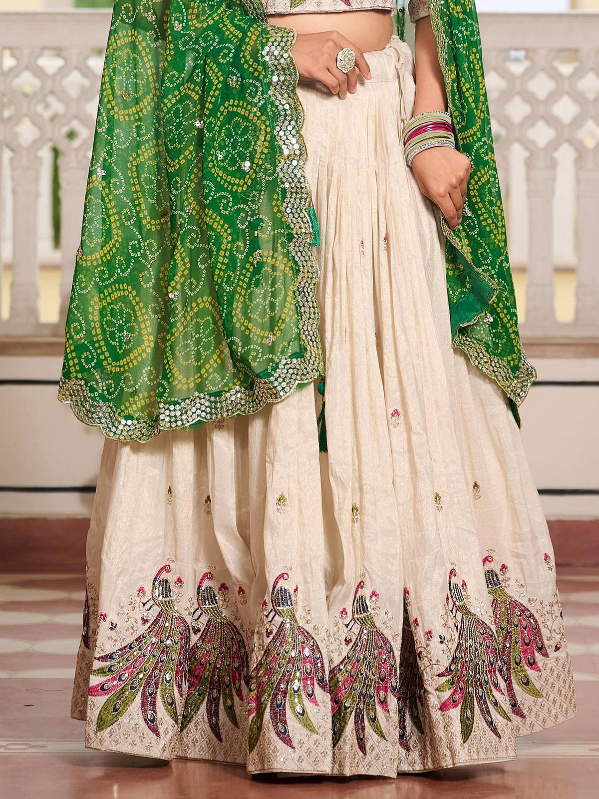 Cream lehenga with peacock embroidery and green dupatta, Indian ethnic wear