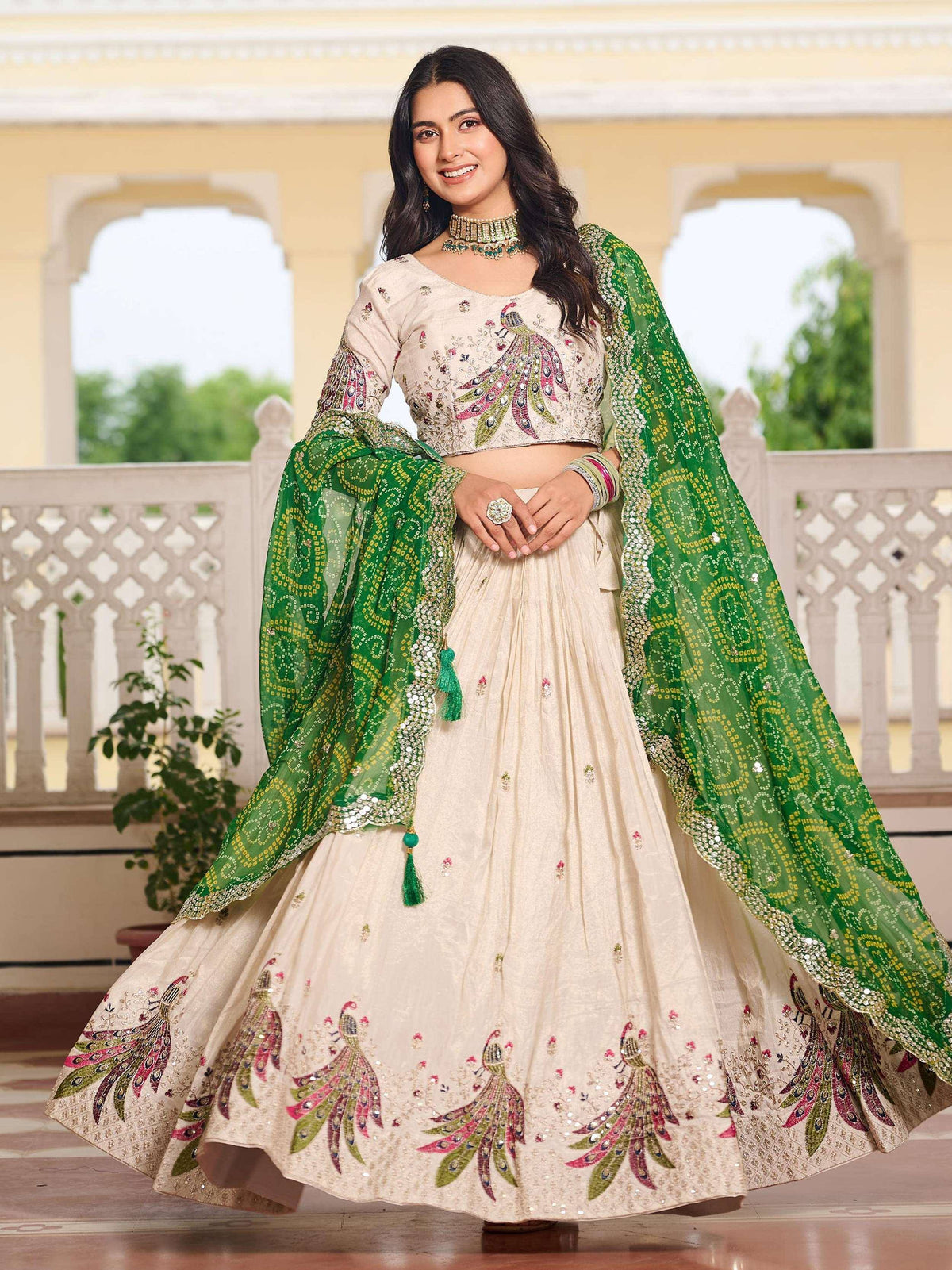 Cream lehenga choli with peacock embroidery and green dupatta, Indian ethnic wear for weddings