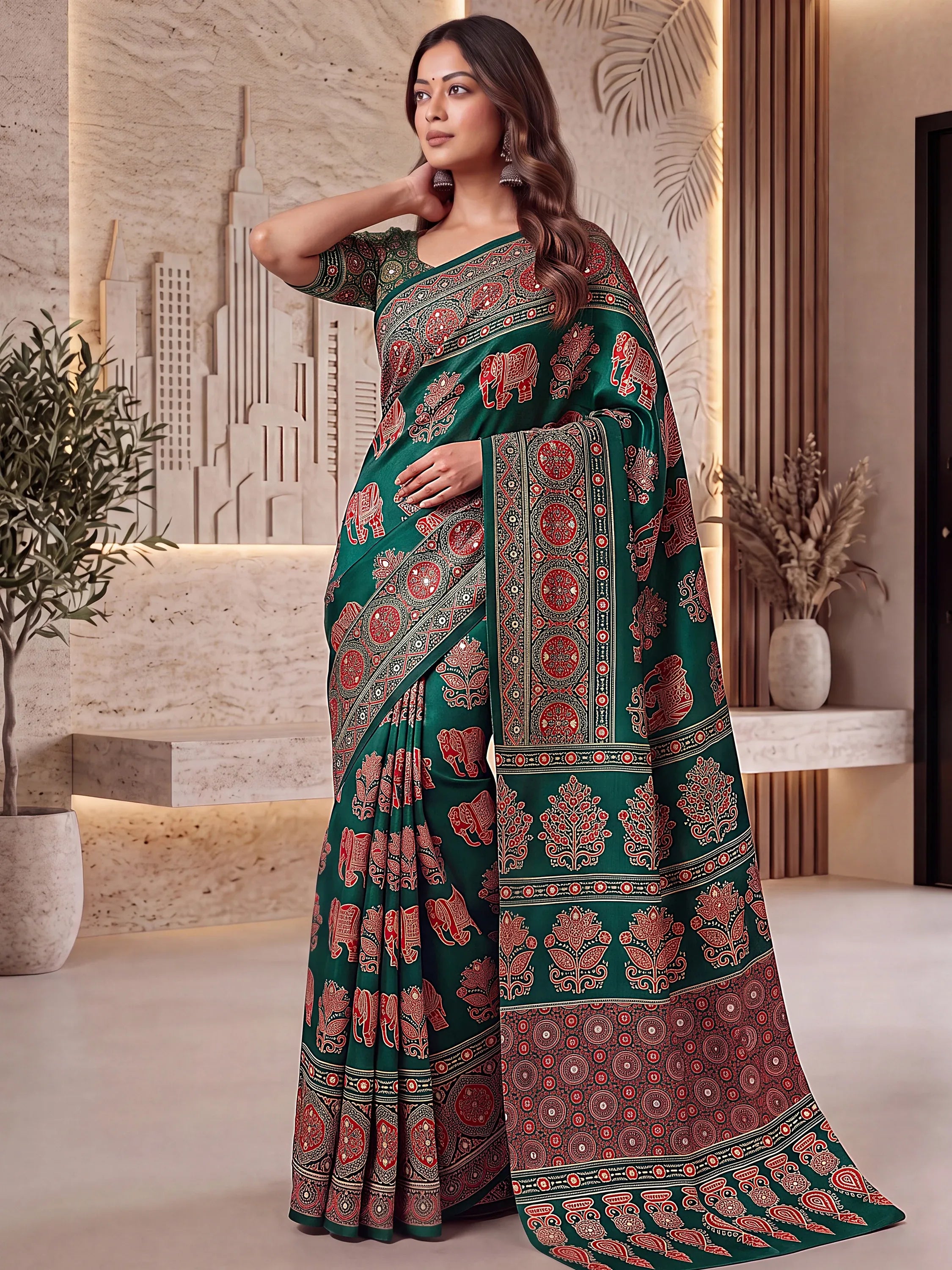 Stunning Green Digital Printed Crepe Silk Mehendi Wear Saree With Blouse