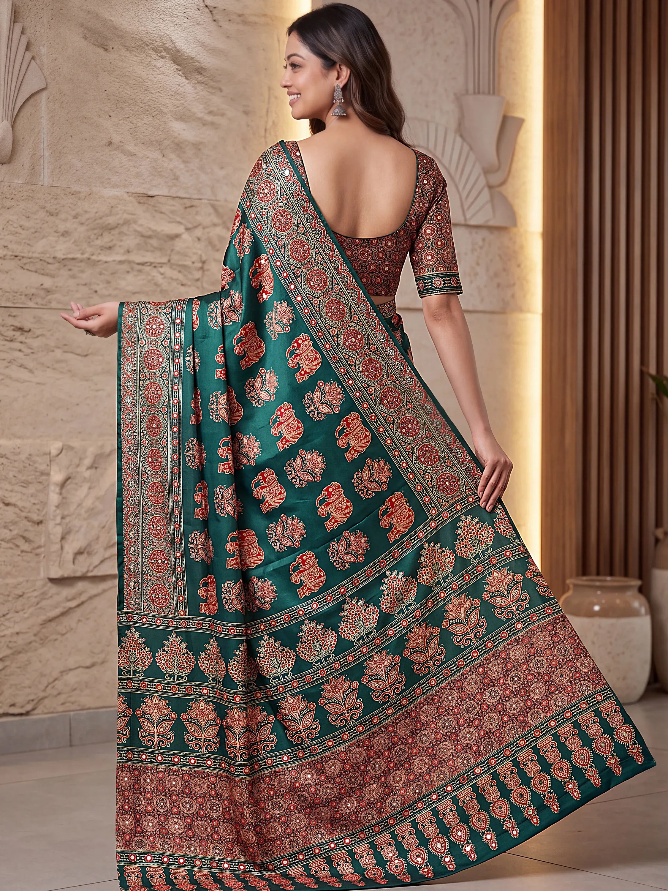 Stunning Green Digital Printed Crepe Silk Mehendi Wear Saree With Blouse