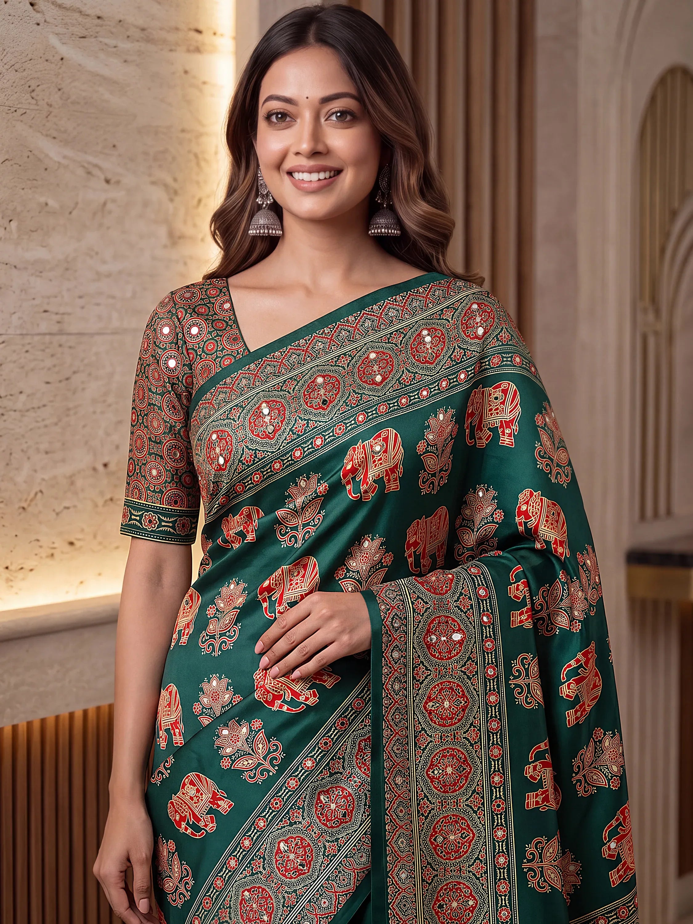Stunning Green Digital Printed Crepe Silk Mehendi Wear Saree With Blouse