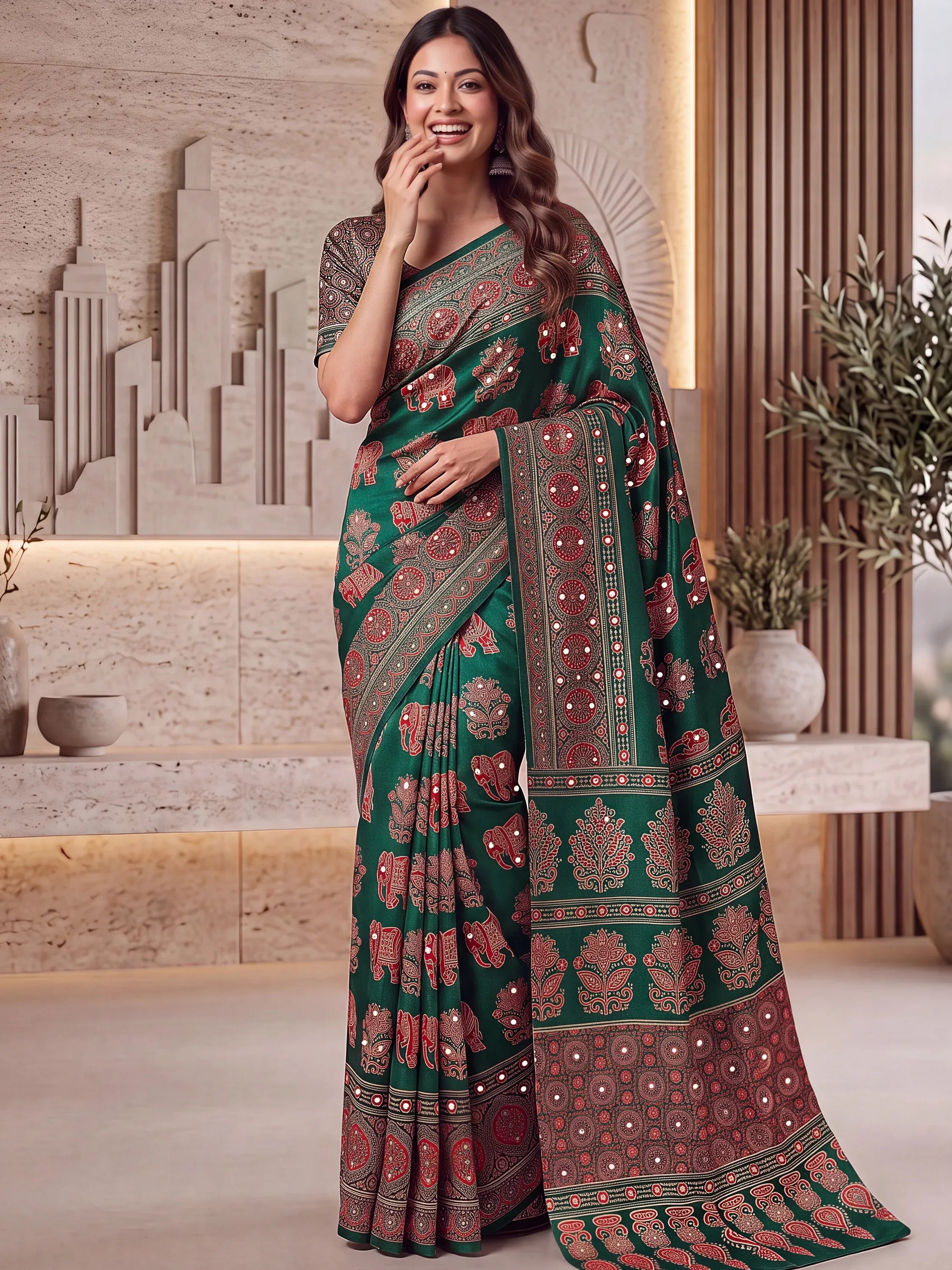 Stunning Green Digital Printed Crepe Silk Mehendi Wear Saree With Blouse