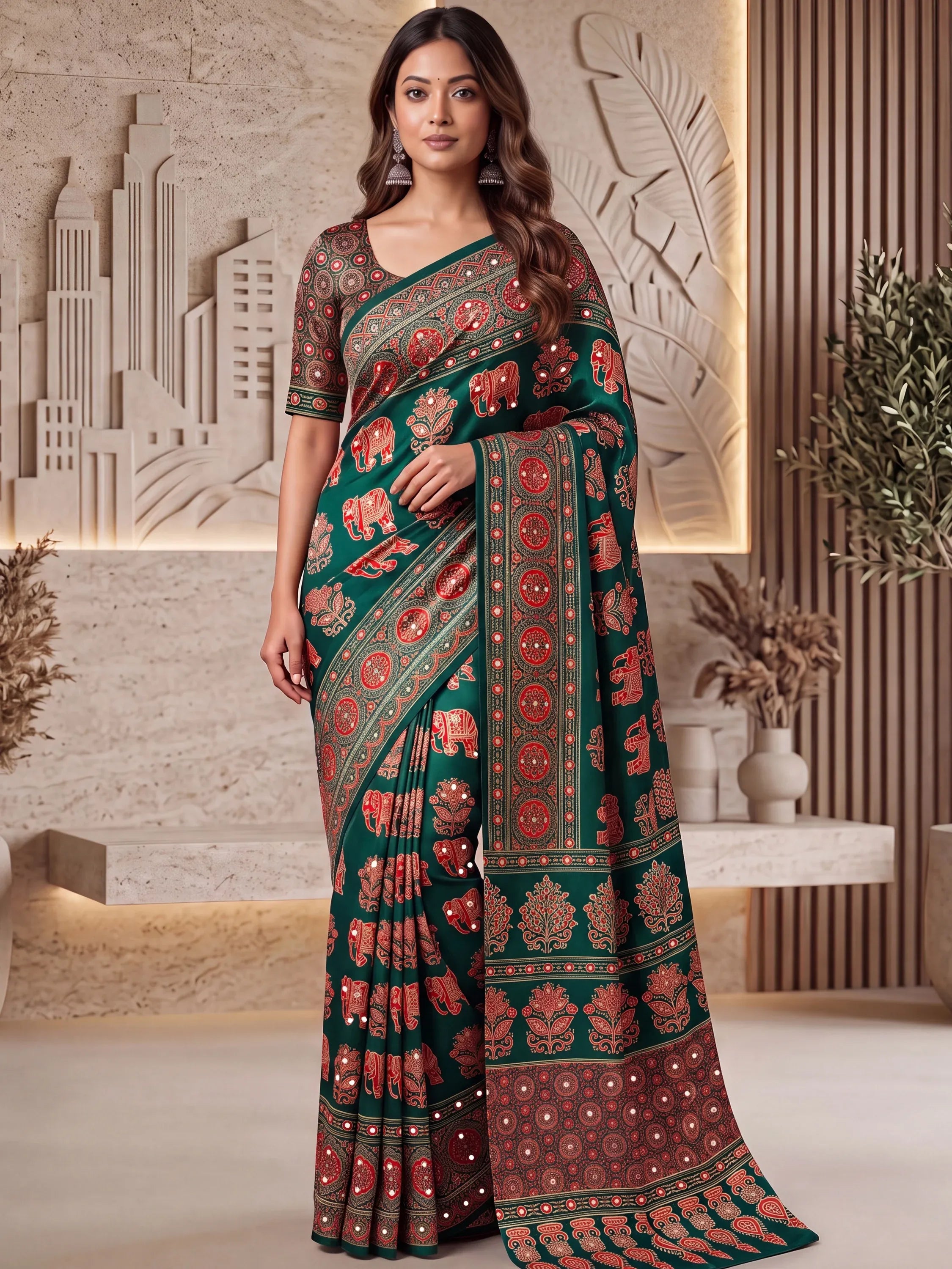 Stunning Green Digital Printed Crepe Silk Mehendi Wear Saree With Blouse