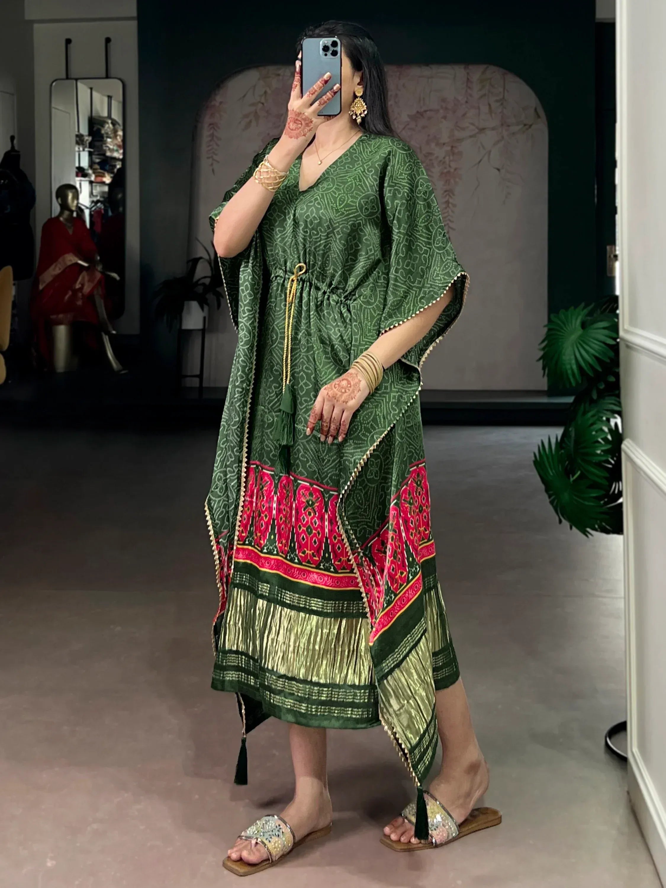 Beautiful Green Gota Laced Gaji Silk Mehendi Wear Kaftan