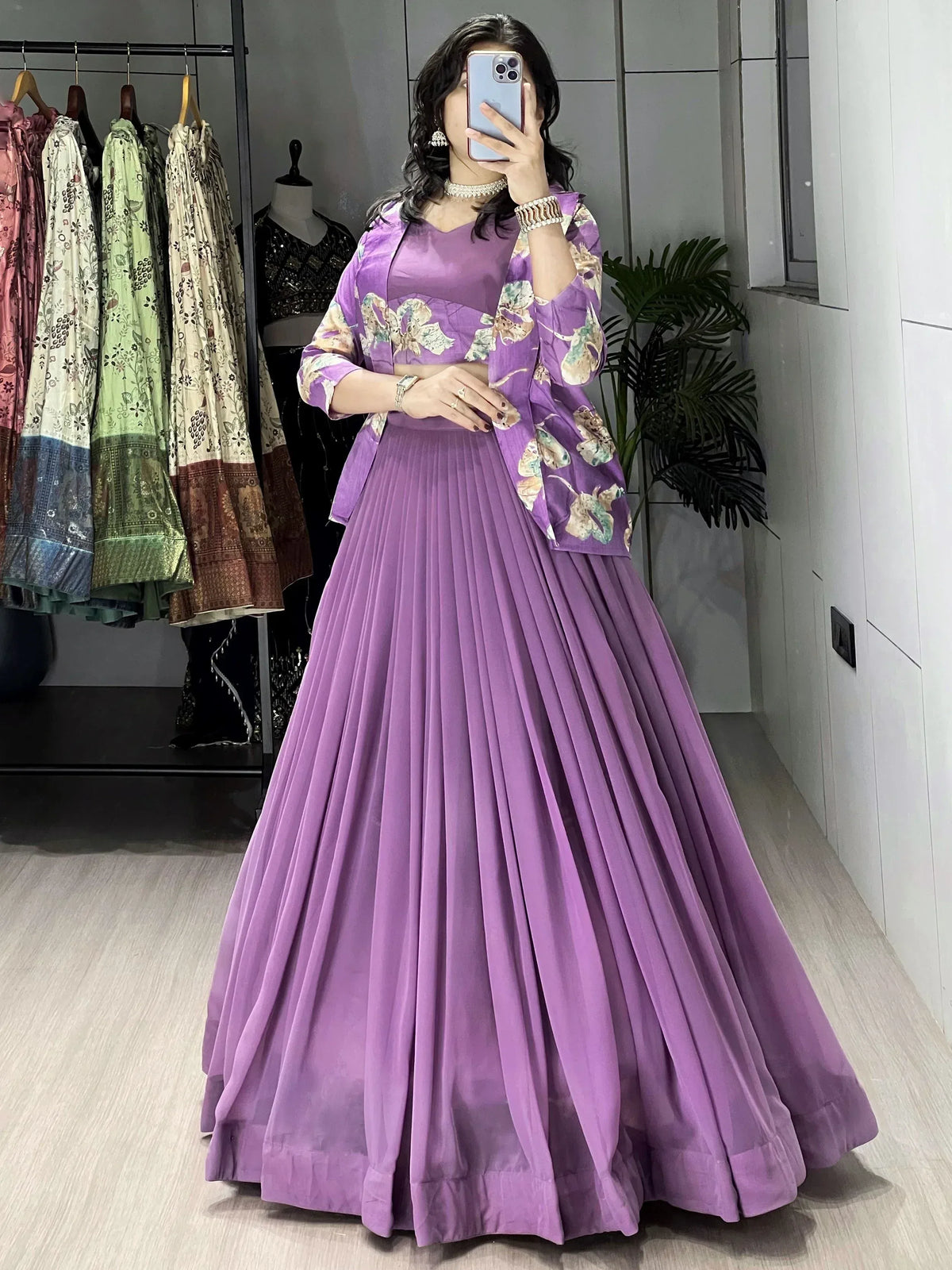 Purple floral lehenga choli with pleated skirt, perfect for Indian ethnic wear occasions