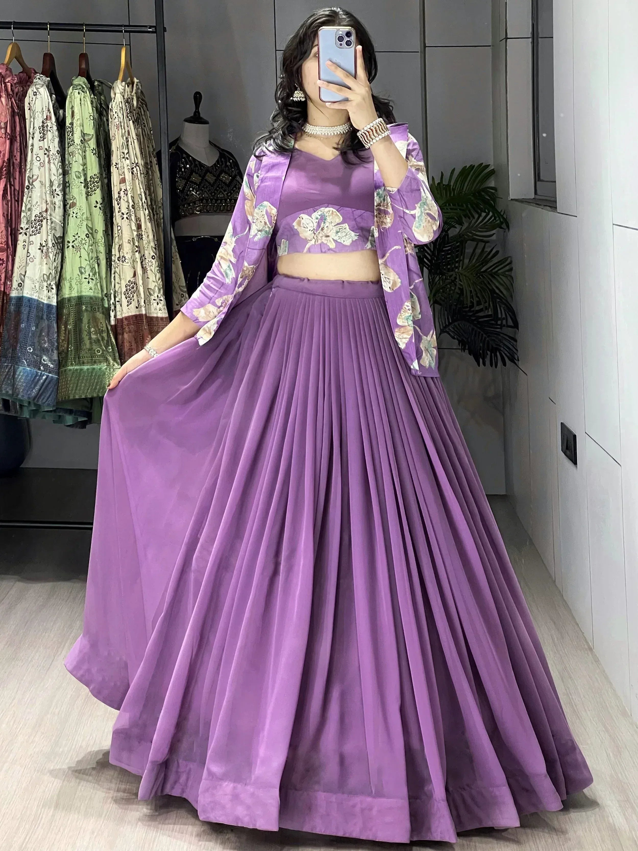 Pretty Lavender Printed Georgette Festive Wear Lehenga Choli With Koti
