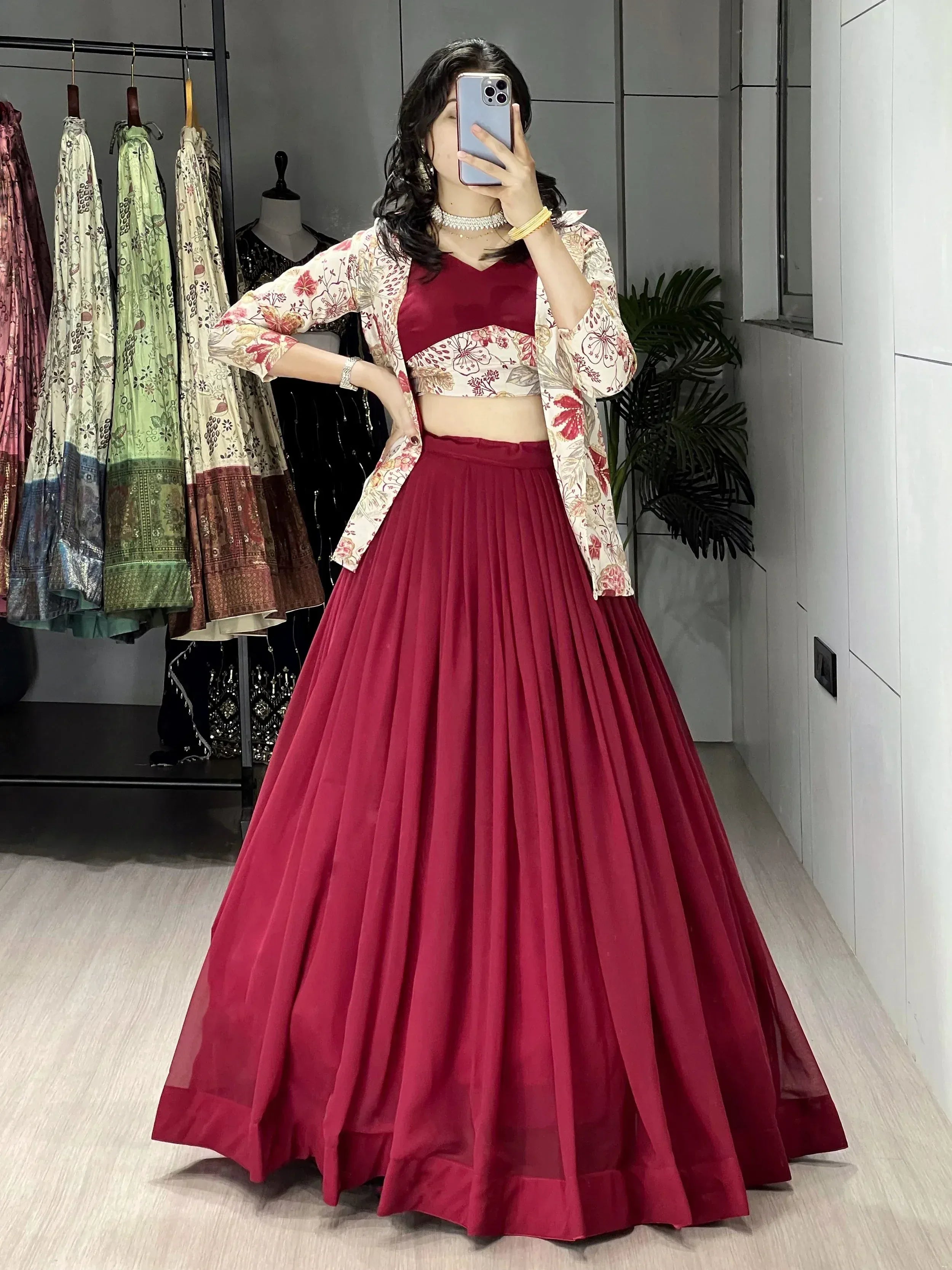 Elegant Maroon Printed Georgette Wedding Wear Lehenga Choli With Koti