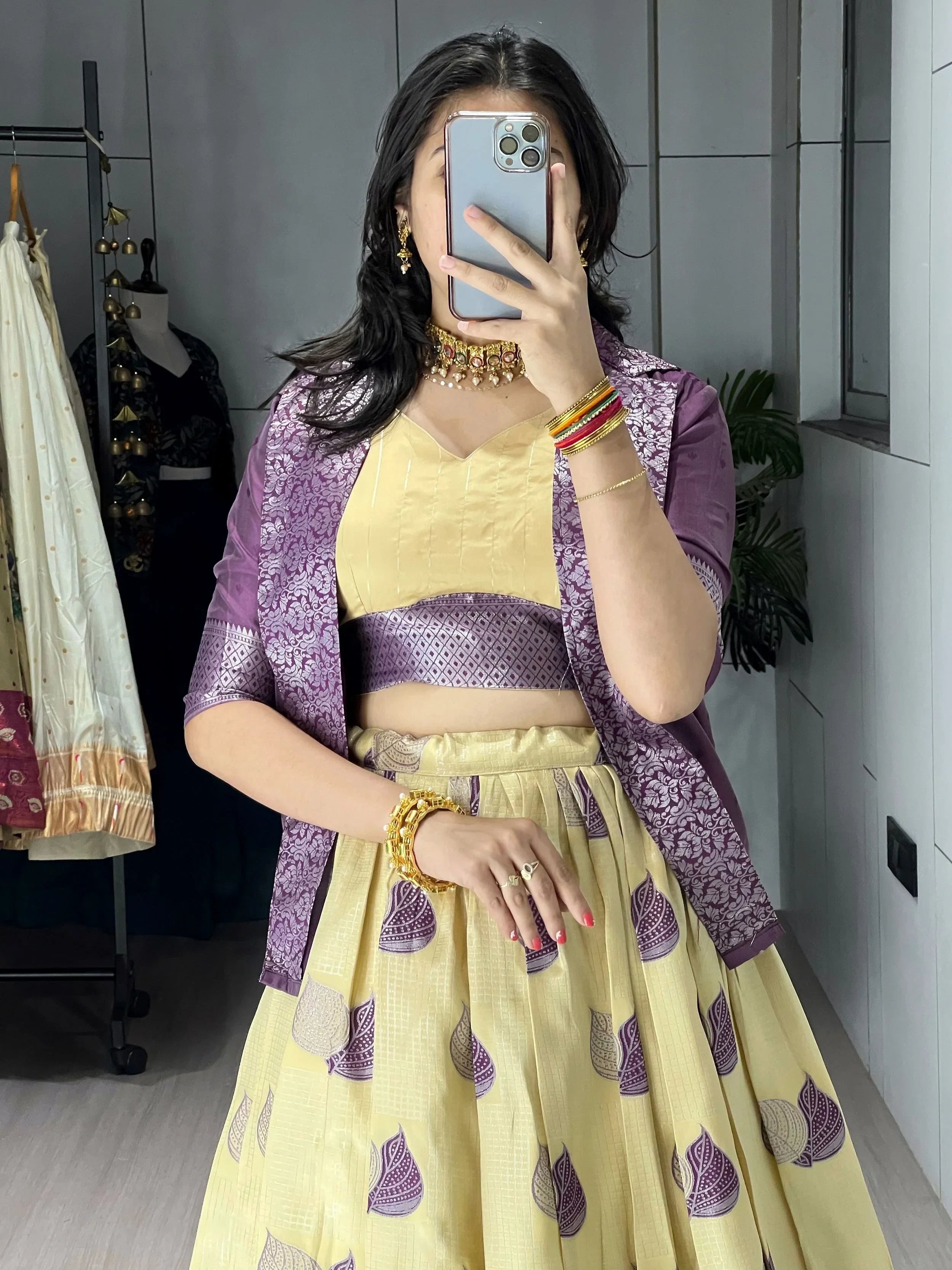 Awesome Yellow Printed Silk Festive Wear Lehenga Choli With Koti