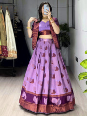 Glamorous Wine Printed Silk Wedding Wear Lehenga Choli With Koti