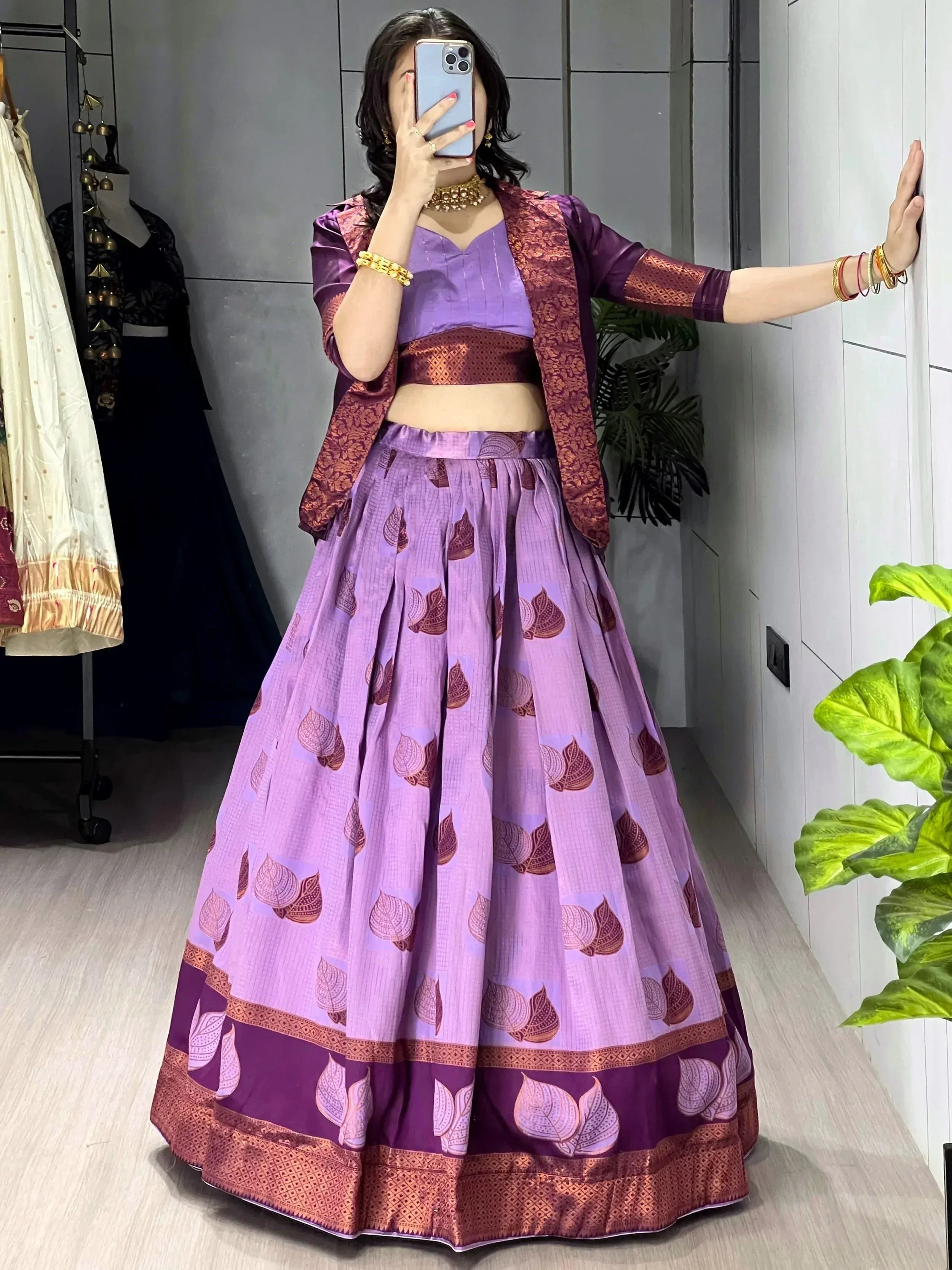 Glamorous Wine Printed Silk Wedding Wear Lehenga Choli With Koti