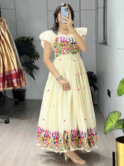 Charming Off-White Embroidered Cotton Casual Wear Dress