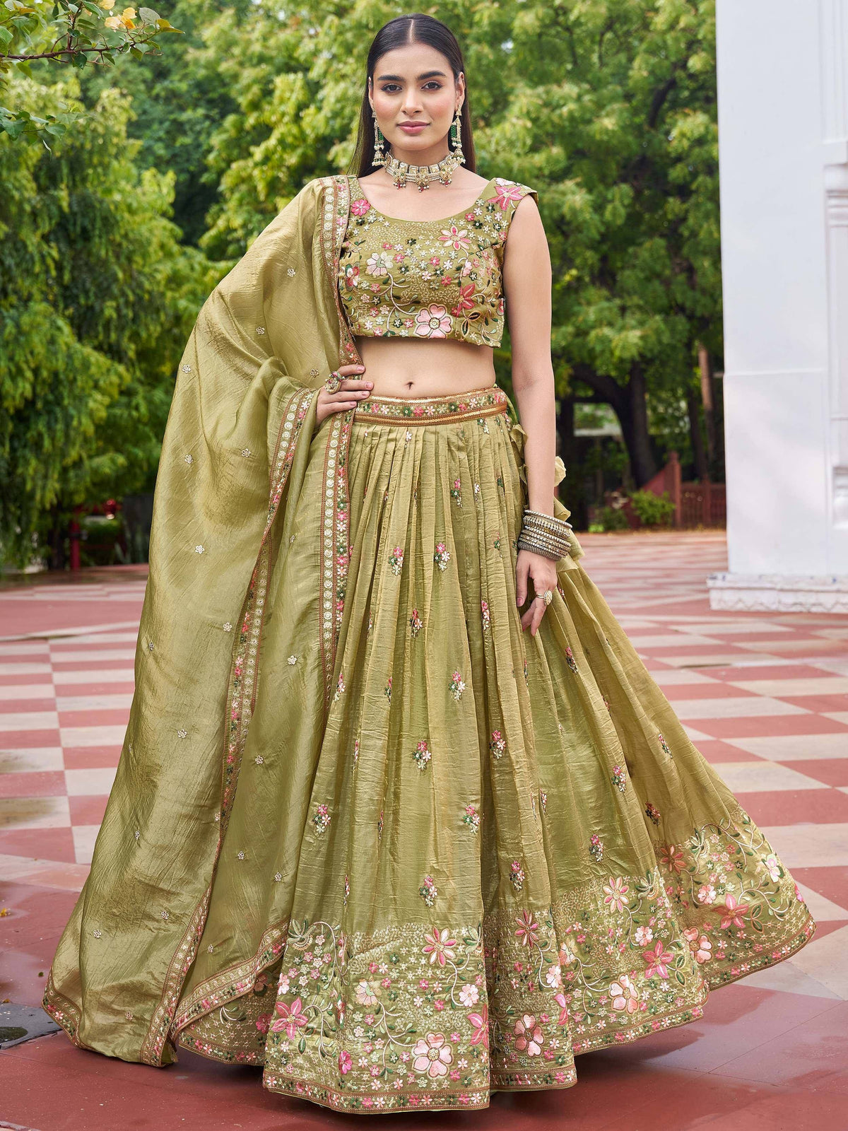 Olive green floral embroidered lehenga choli with matching dupatta, perfect for Indian ethnic occasions.
