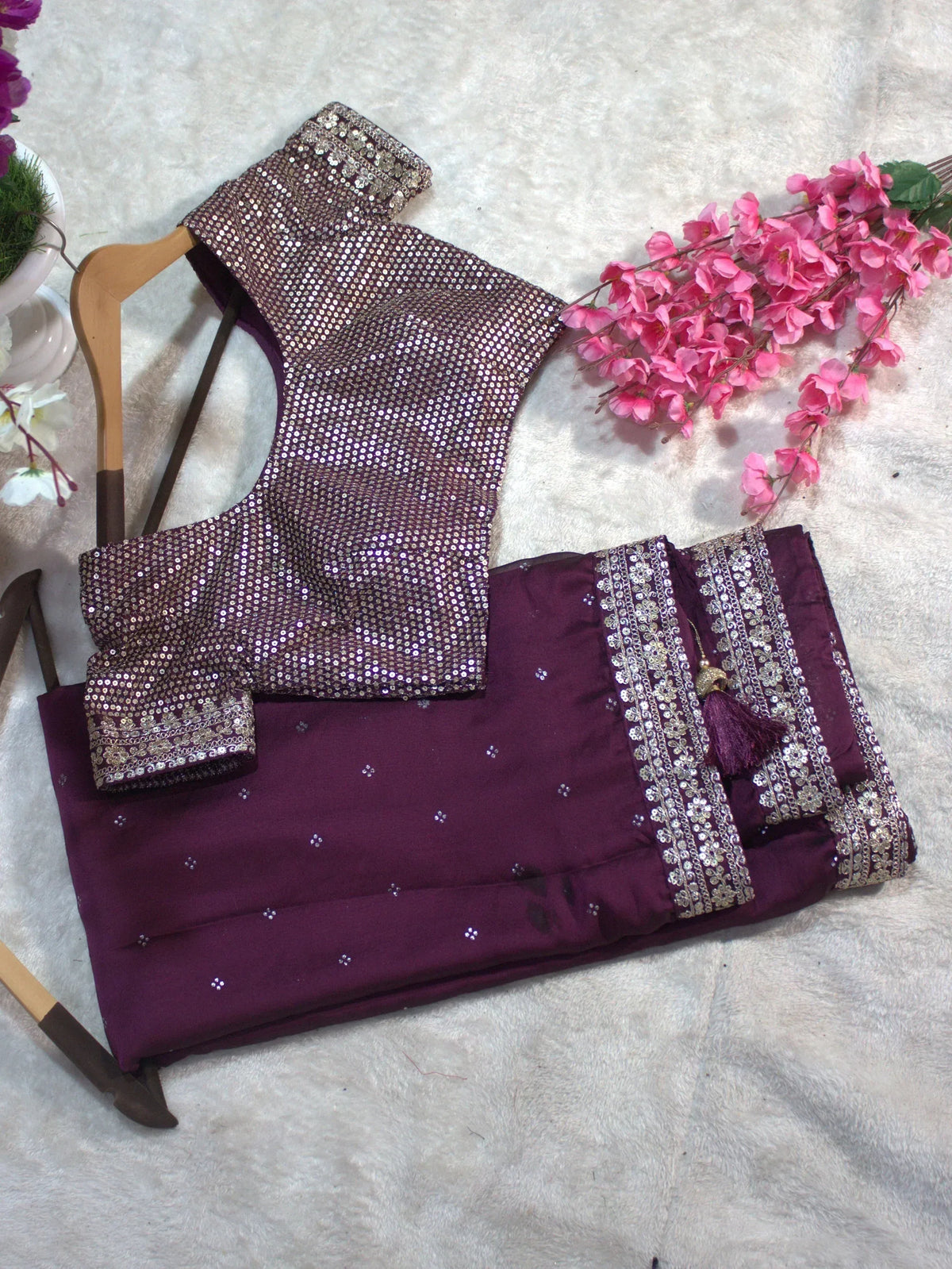 Elegant Wine Silk Sequins Work Reception Wear Saree With Blouse