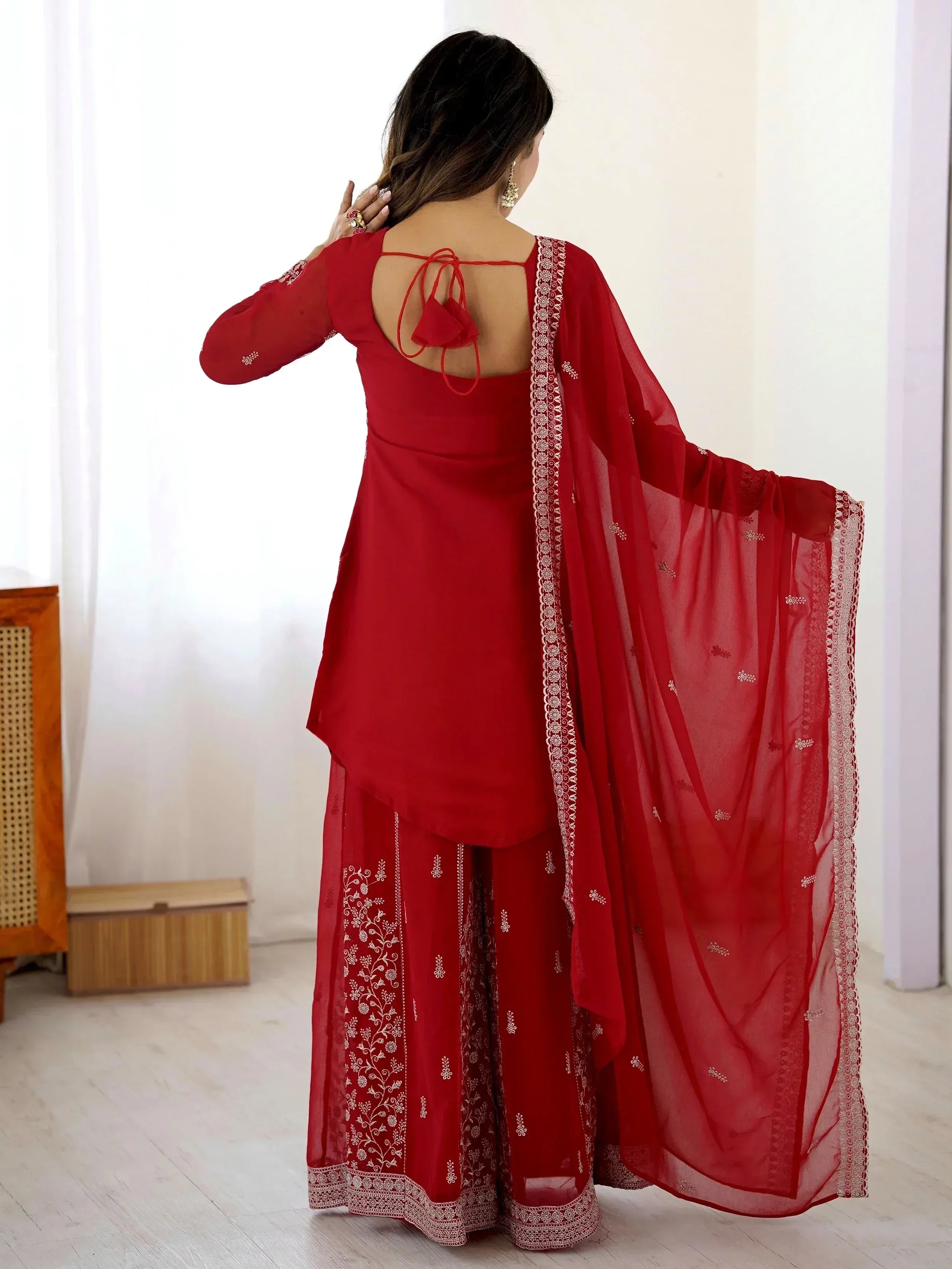 Red embroidered salwar kameez with back tie detail and sheer dupatta, Indian ethnic wear