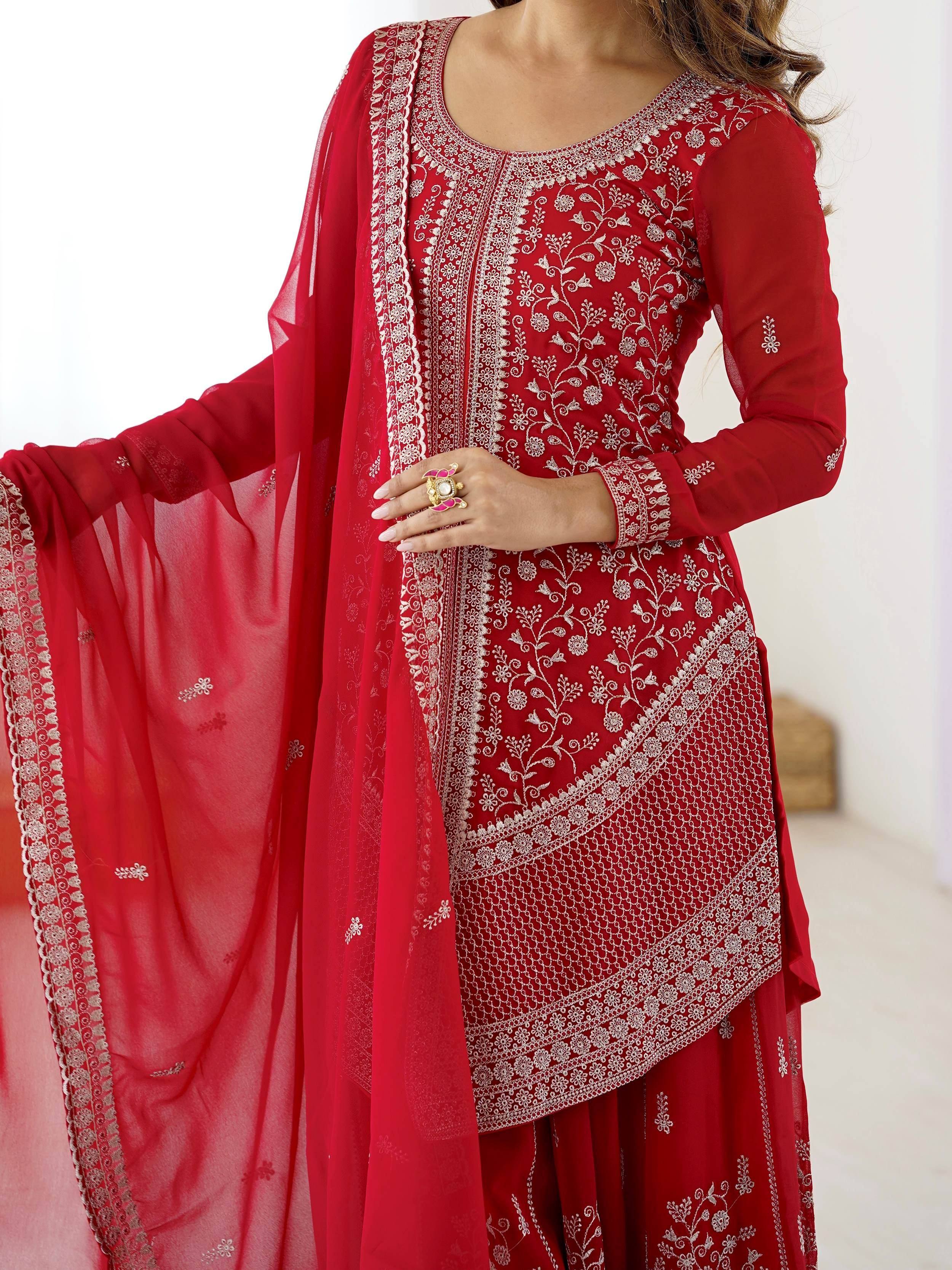 Red embroidered Indian salwar kameez with floral detailing and matching dupatta