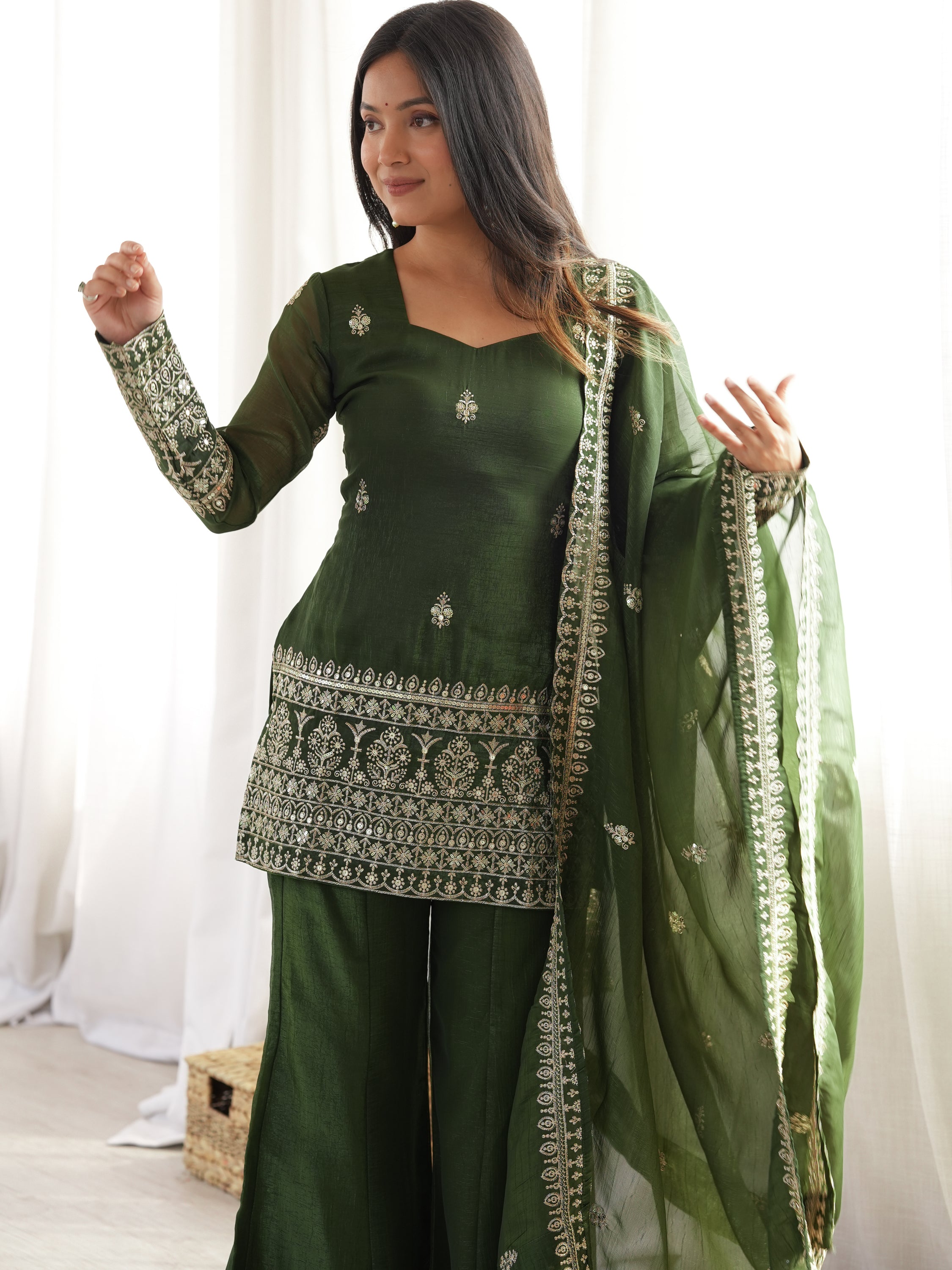 Stupendous Green Zari Work Silk Mehendi Wear Palazzo Suit