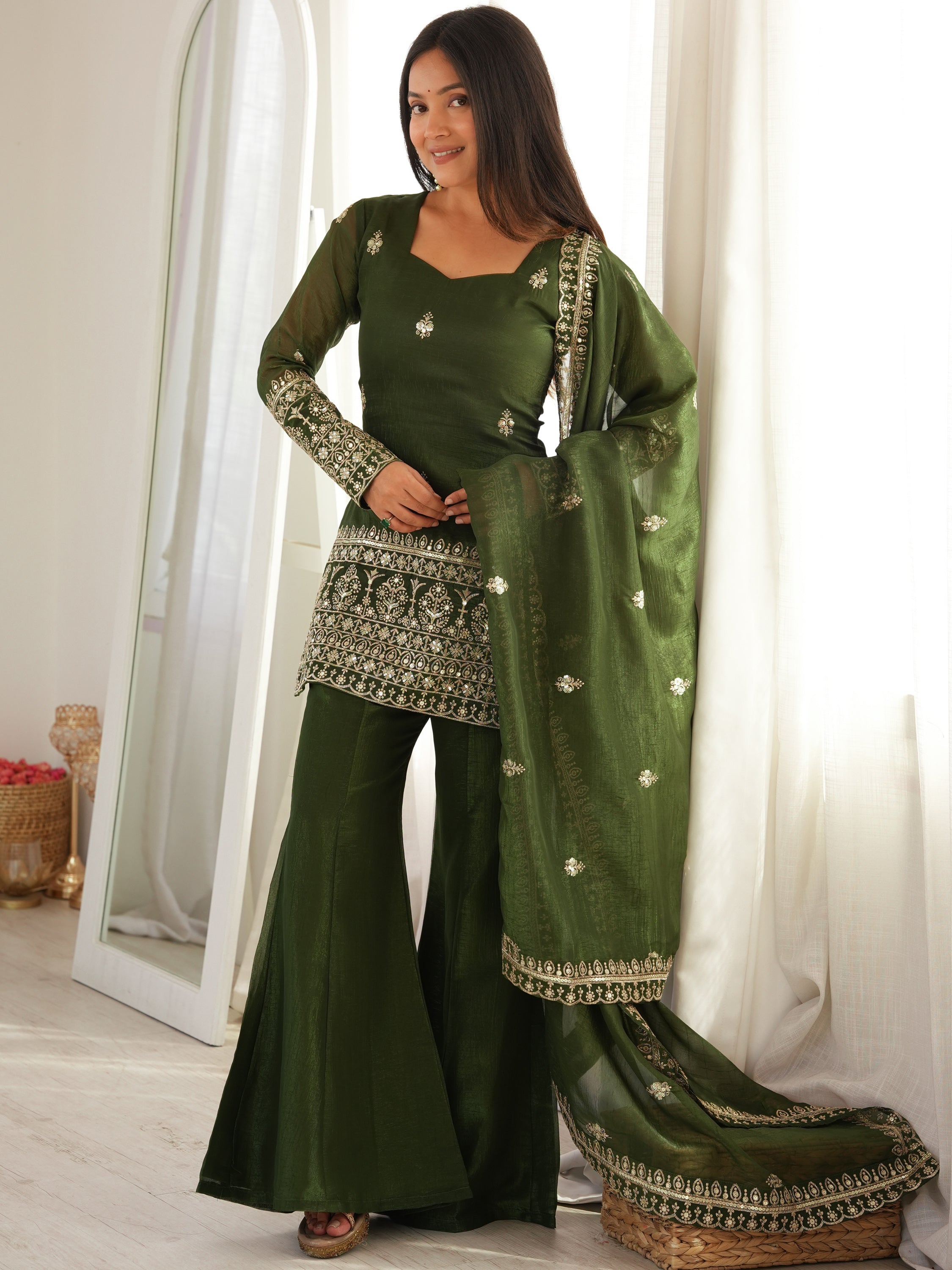 Stupendous Green Zari Work Silk Mehendi Wear Palazzo Suit