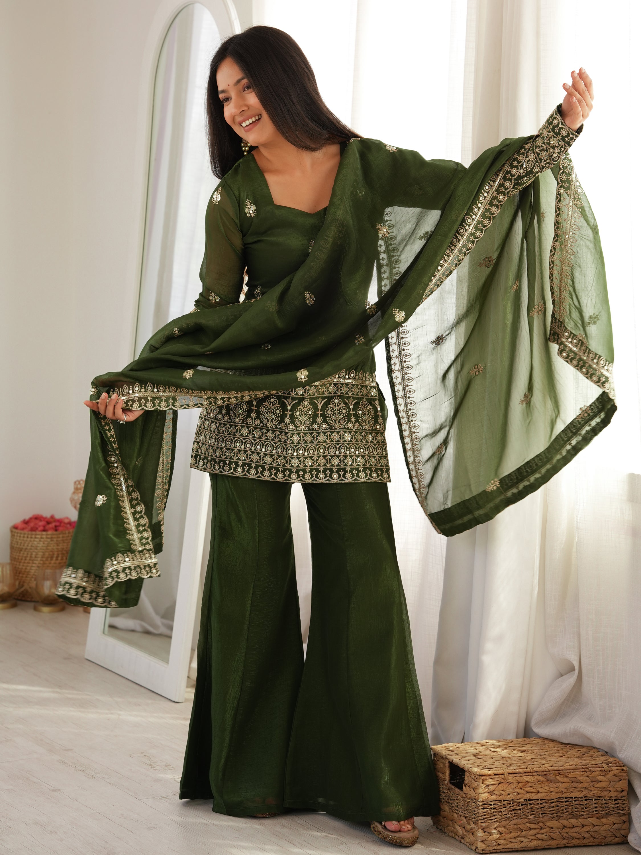 Stupendous Green Zari Work Silk Mehendi Wear Palazzo Suit
