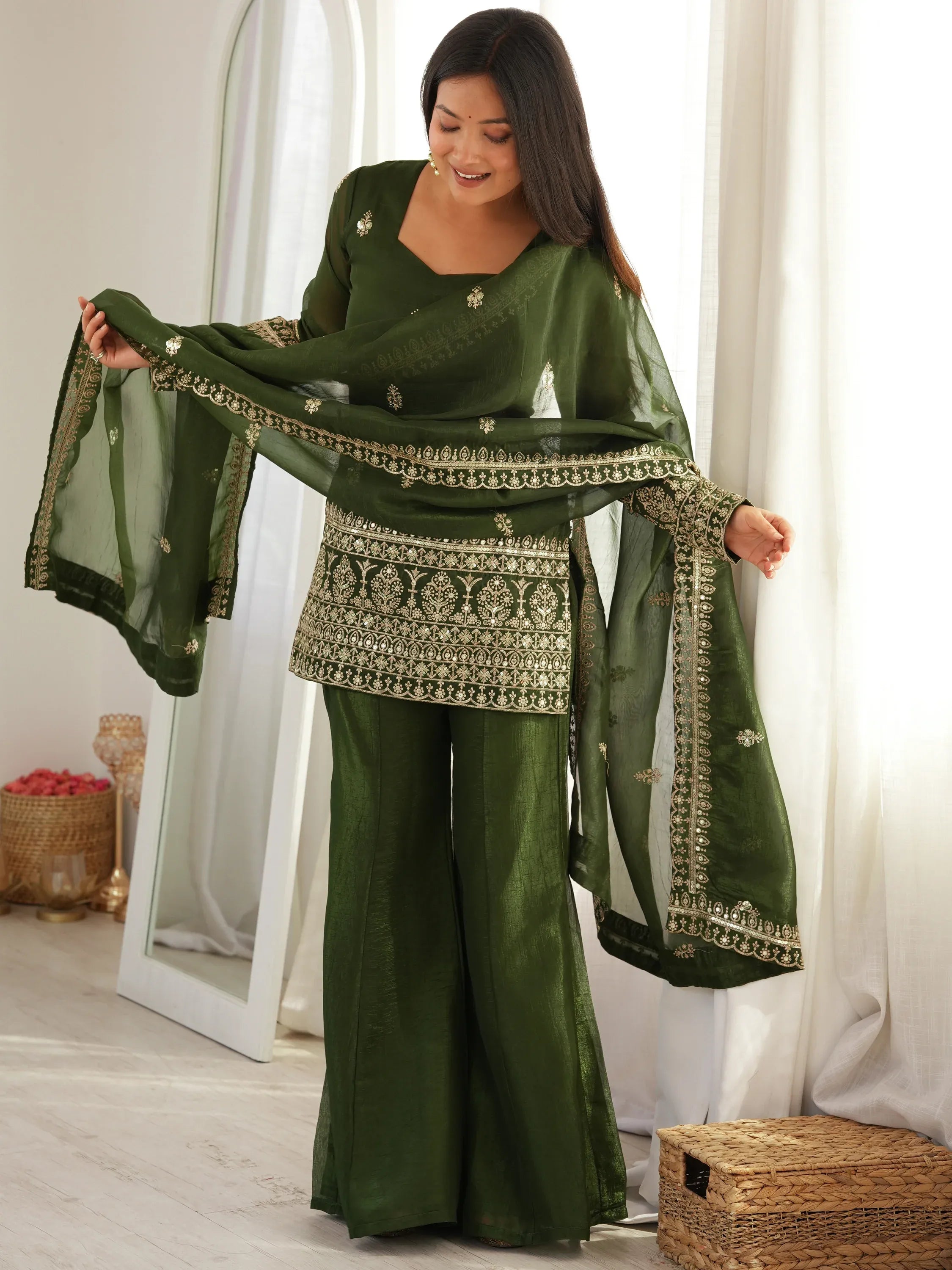 Stupendous Green Zari Work Silk Mehendi Wear Palazzo Suit
